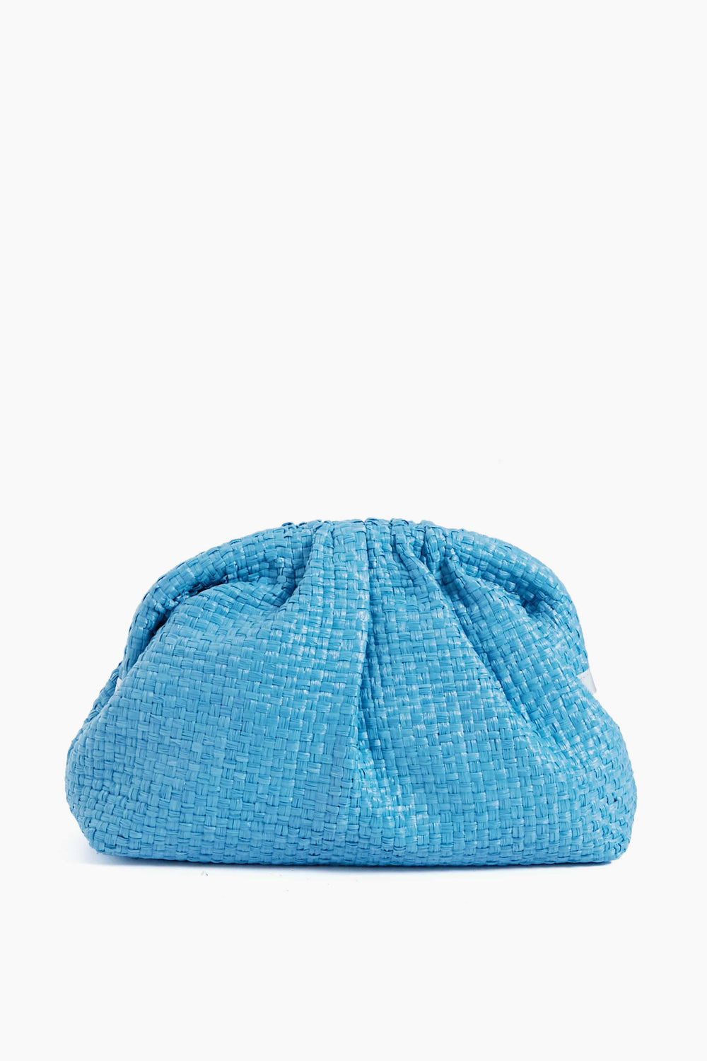 The Maria La Rosa Game Clutch is handwoven from raffia in light blue, featuring a gathered ruched top and a soft pouch silhouette, showcasing exquisite Italian craftsmanship.