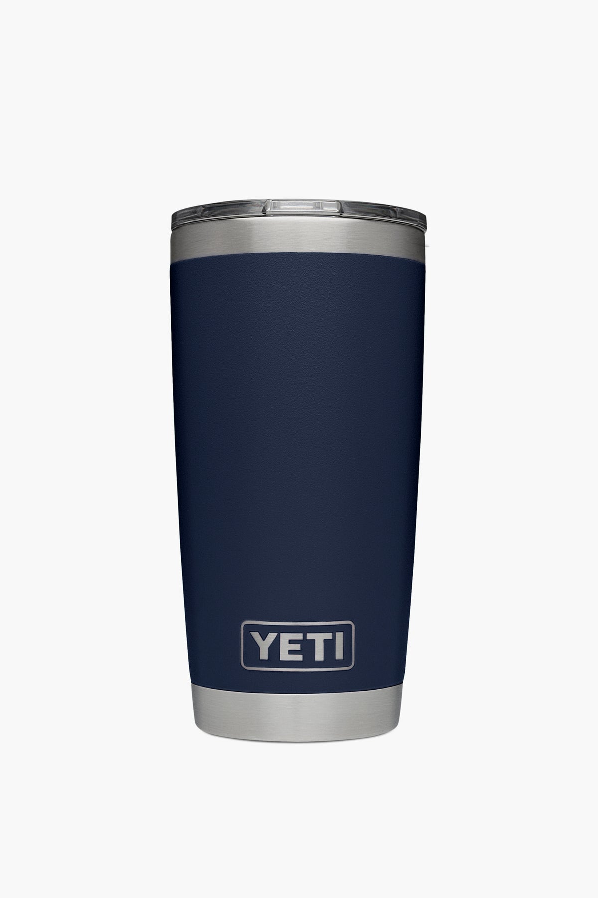 A YETI Rambler navy blue stainless steel tumbler with a silver base and lid is shown, featuring double-wall vacuum insulation.