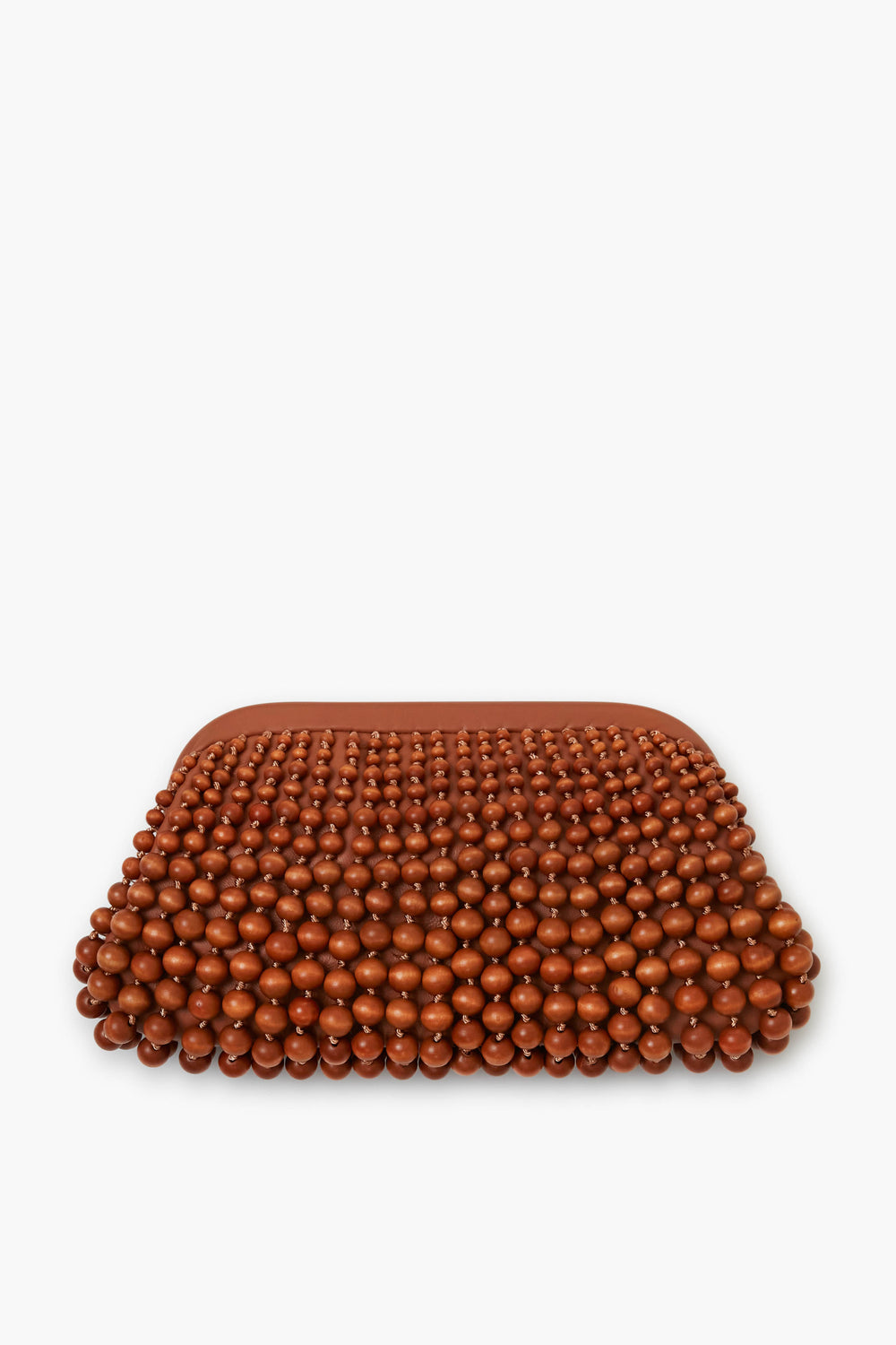 A rectangular Cult Gaia clutch with a textured surface of small, glossy brown wood beads arranged in neat rows—perfect for anyone seeking a unique accessory.