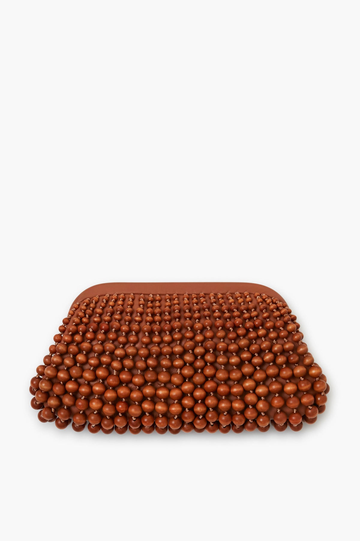 A rectangular Cult Gaia clutch with a textured surface of small, glossy brown wood beads arranged in neat rows—perfect for anyone seeking a unique accessory.