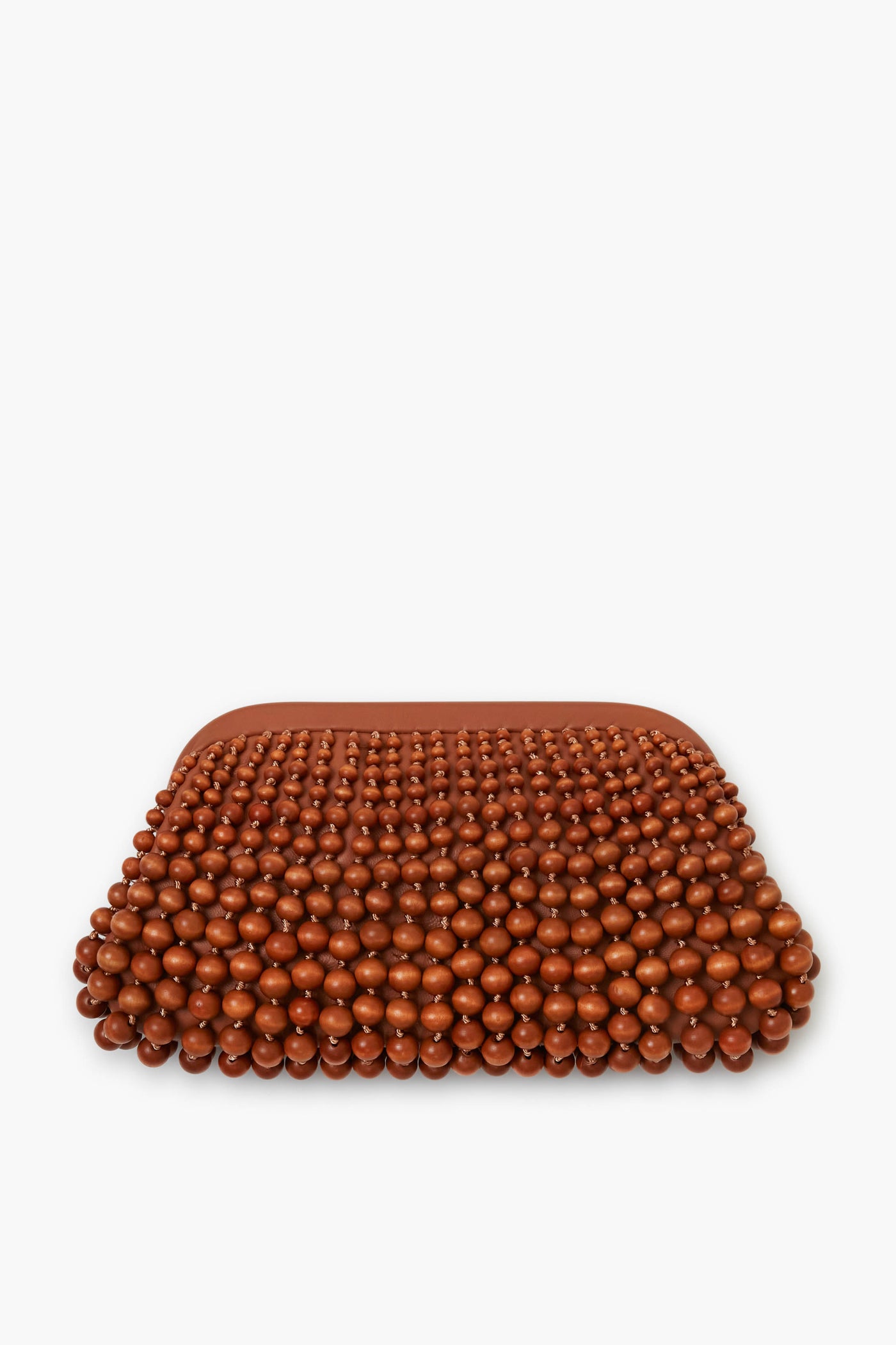 A rectangular Cult Gaia clutch with a textured surface of small, glossy brown wood beads arranged in neat rows—perfect for anyone seeking a unique accessory.