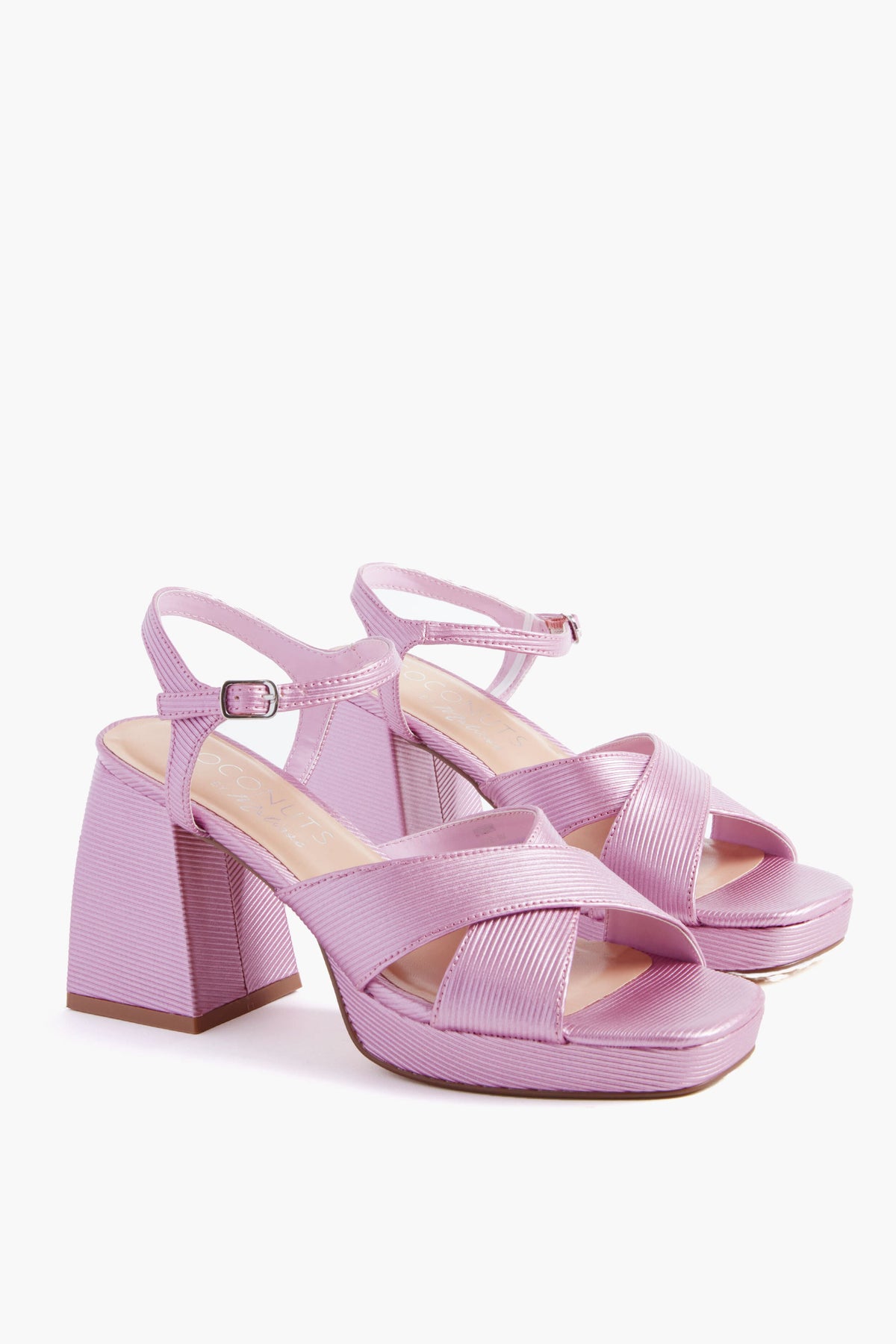 Matisse chunky-heeled, open-toe sandals in light purple vegan leather feature crisscross straps, ankle buckles, and stylish platform heels for a chic look.