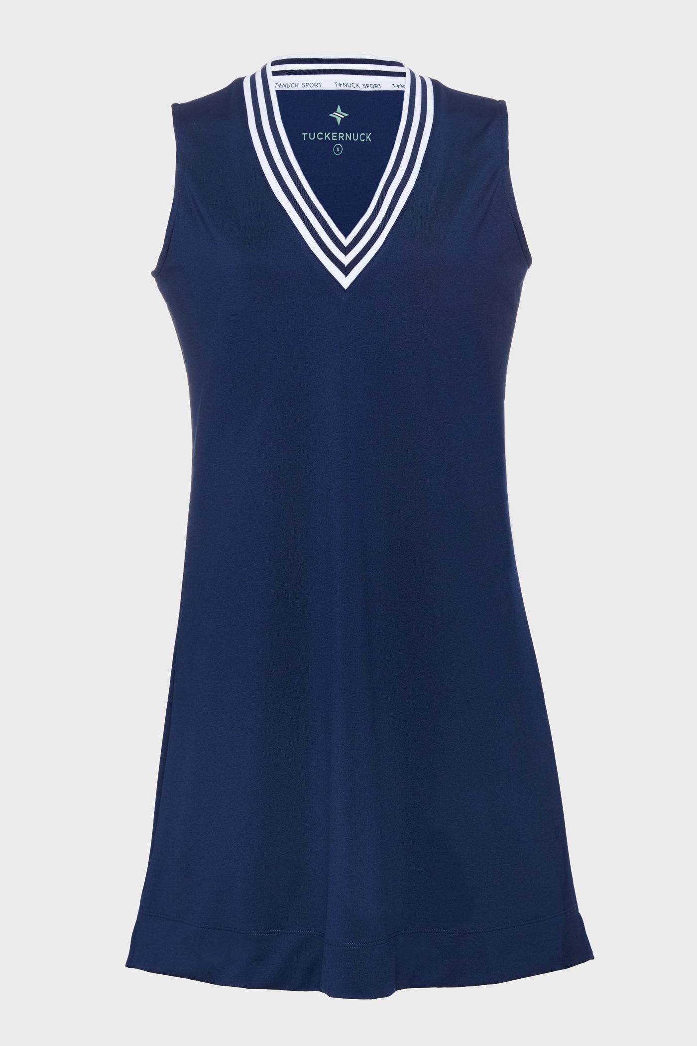 Tnuck Sport Suzanne Navy Tennis Dress: Sleeveless V-neck style with white double stripe neckline trim, shown against a plain white background.