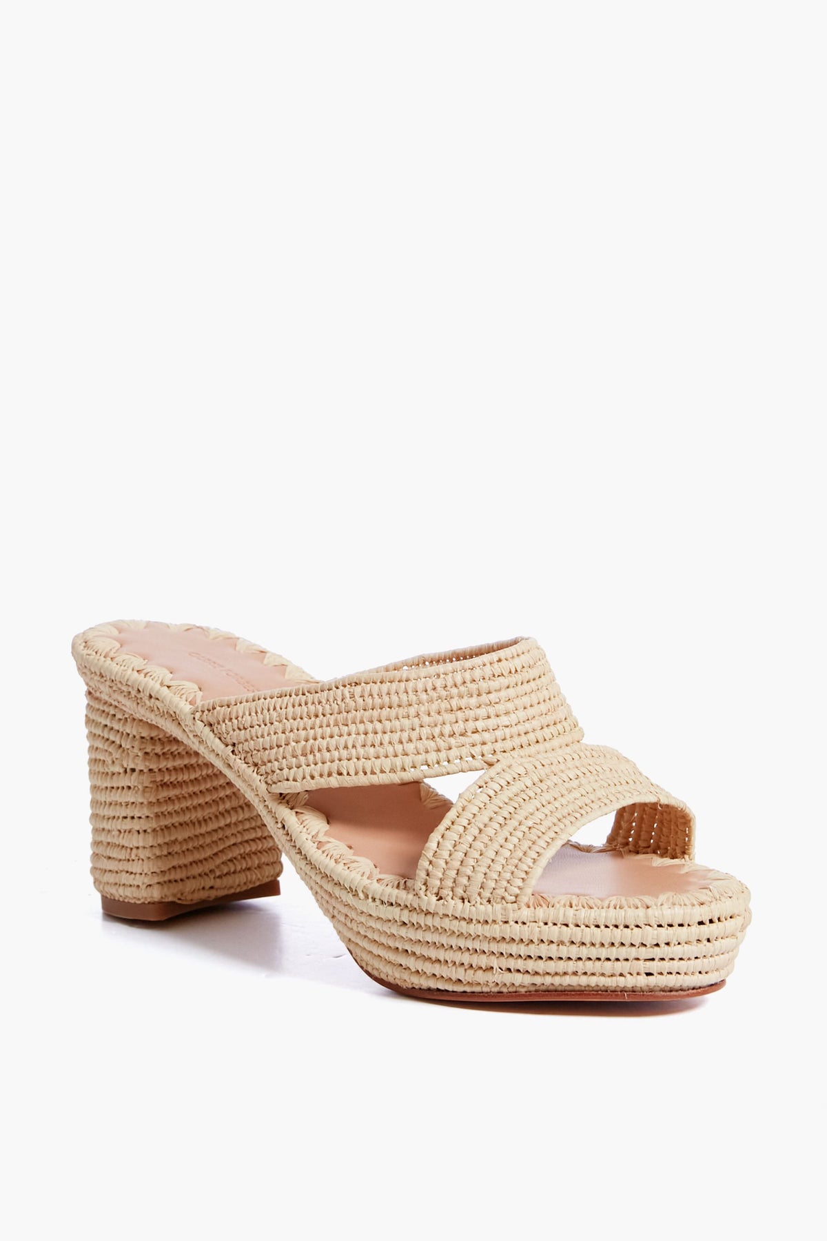 Carrie Forbes beige handwoven raffia sandals with two wide straps and a chunky block heel, ideal for fans of stylish Moroccan-inspired footwear.