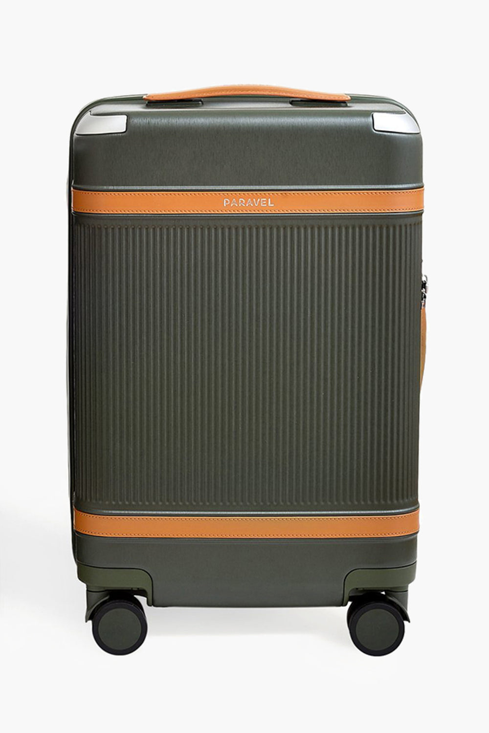 The Paravel olive green carbon-neutral carry-on features tan leather accents, vertical ribbing, four swivel wheels, and a side handle. Made from recycled polycarbonate for a stylish, sustainable travel solution.