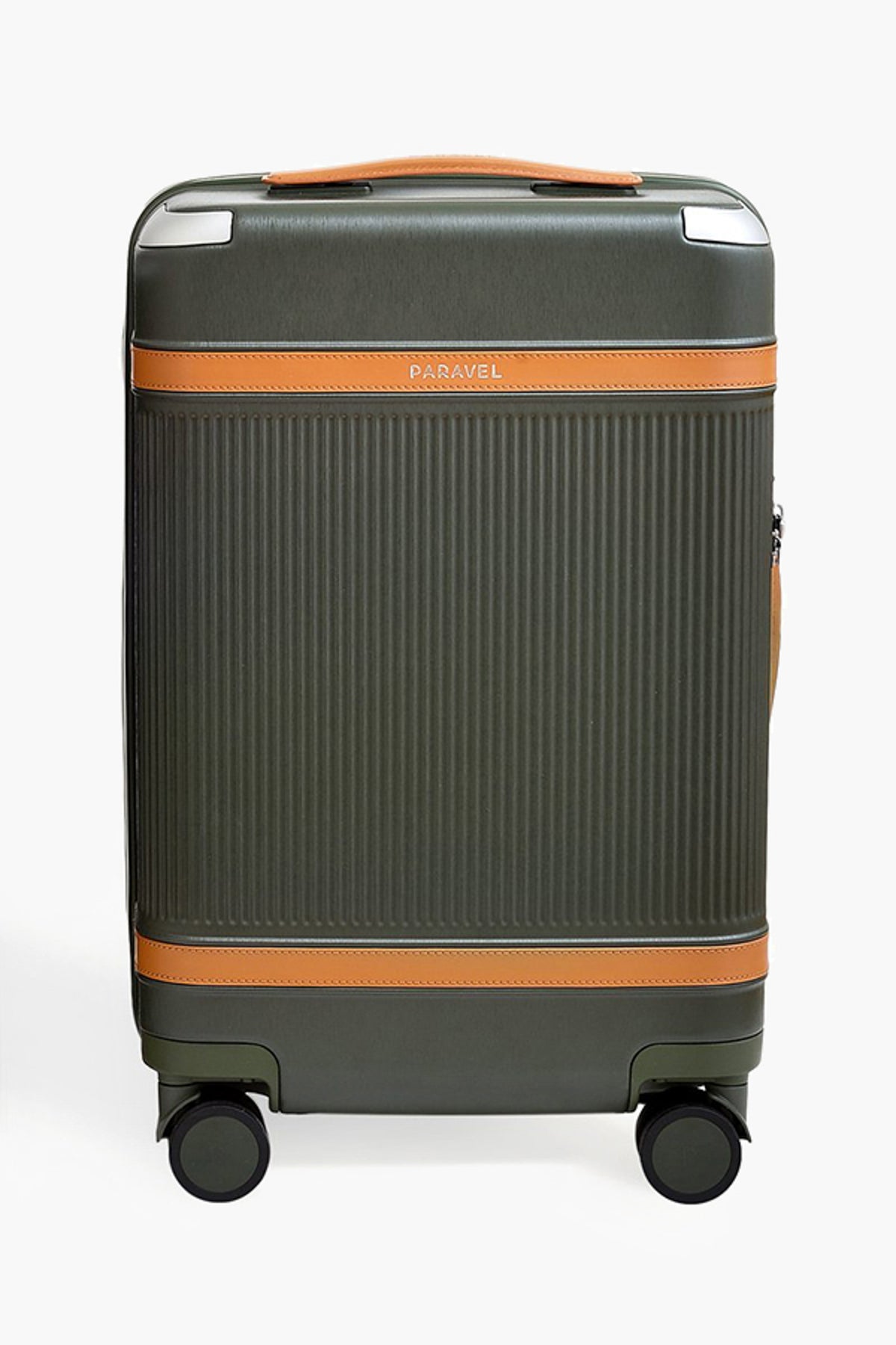 The Paravel olive green carbon-neutral carry-on features tan leather accents, vertical ribbing, four swivel wheels, and a side handle. Made from recycled polycarbonate for a stylish, sustainable travel solution.