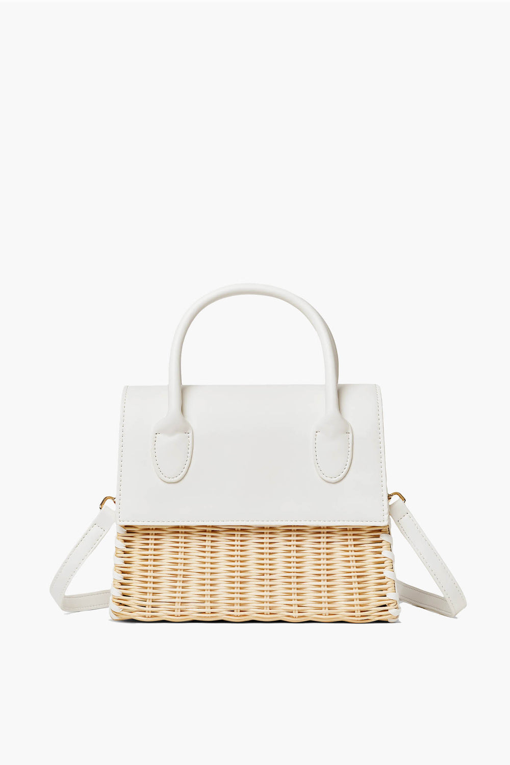 The Urban Expressions handbag features a white leather top, handles, and flap, paired with a woven straw bottom and an adjustable shoulder strap.