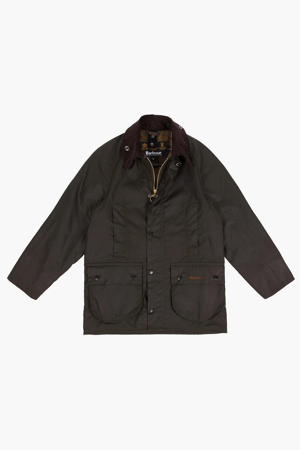 A dark green waxed cotton Barbour jacket featuring a brown corduroy collar, Barbour tartan lining, and two front flap pockets with zip closures—classic Boys Olive Beaufort Wax Jacket style.