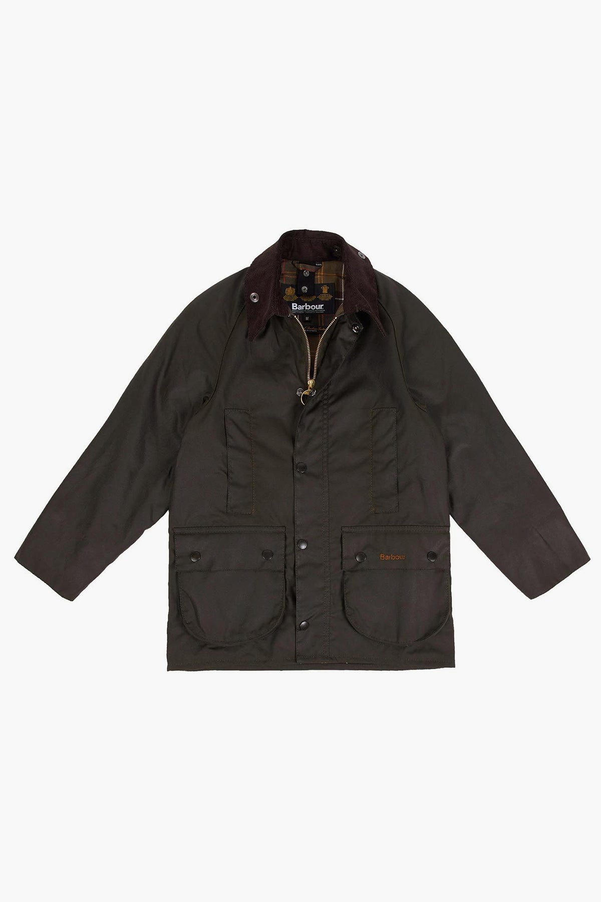 A dark green waxed cotton Barbour jacket featuring a brown corduroy collar, Barbour tartan lining, and two front flap pockets with zip closures—classic Boys Olive Beaufort Wax Jacket style.