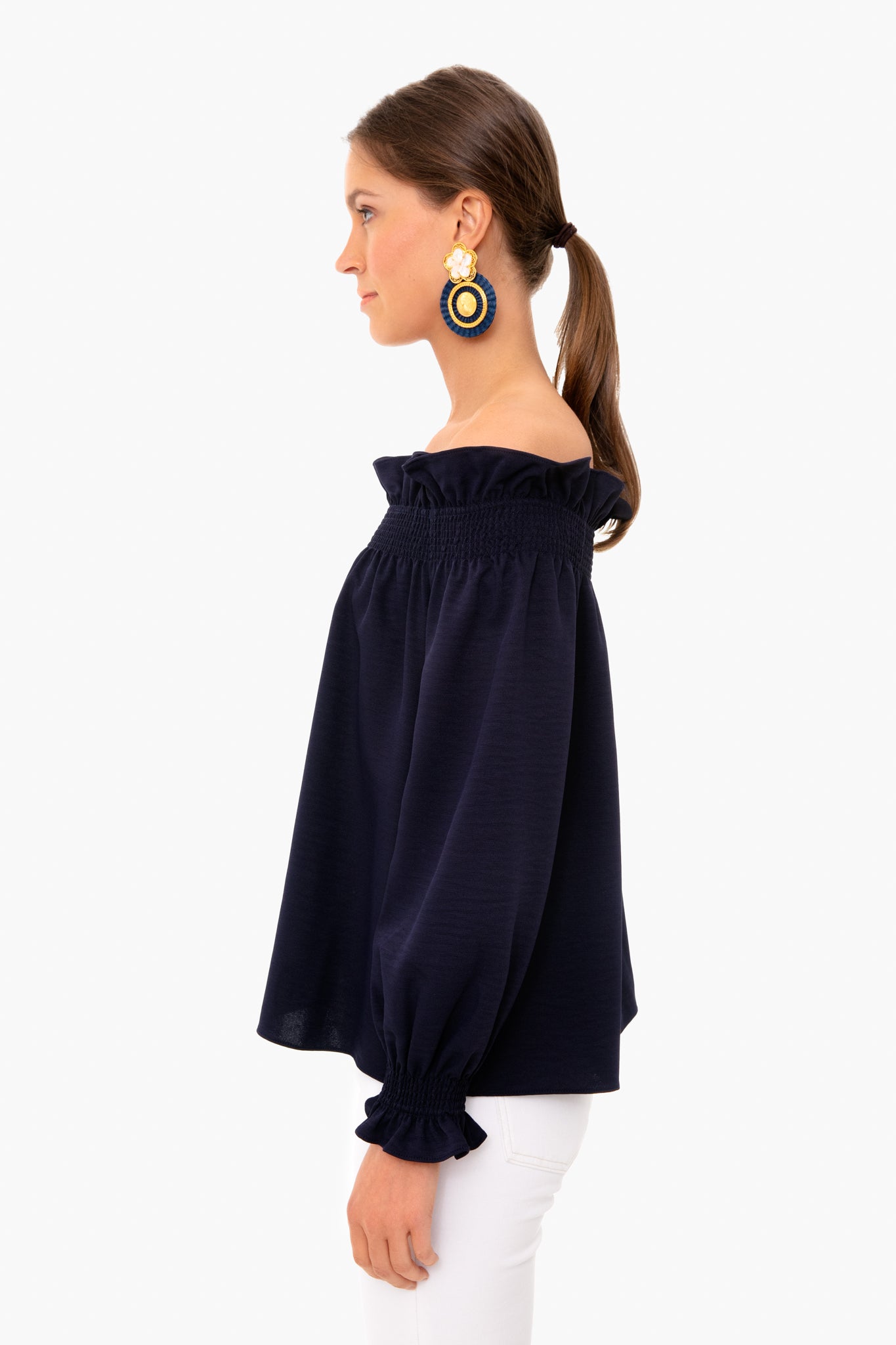 Navy Off the Shoulder Marguerite Blouse