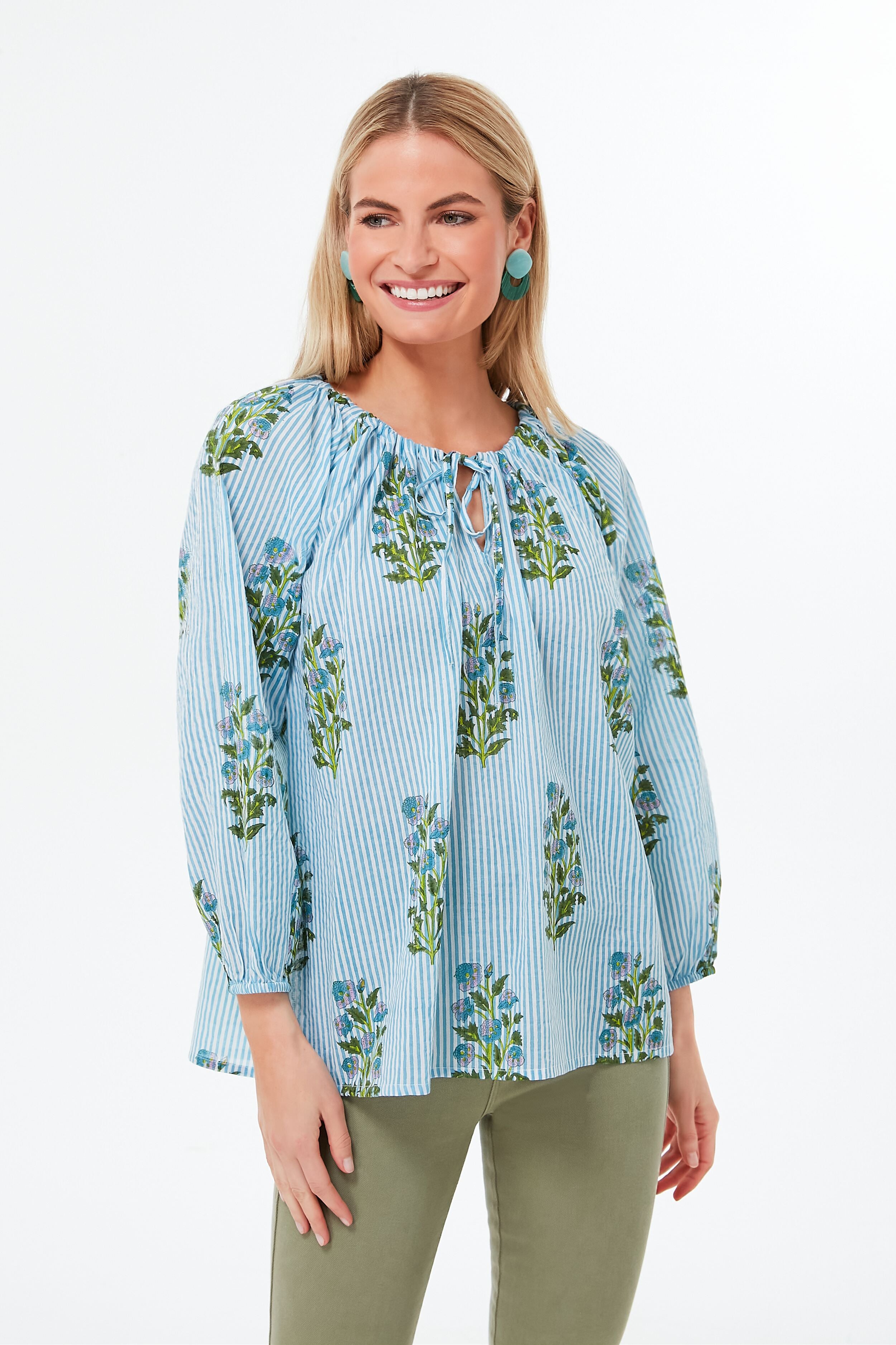 Cornflower Blue Aneeza Print and Thin Stripe Ida Top | SZ Blockprints