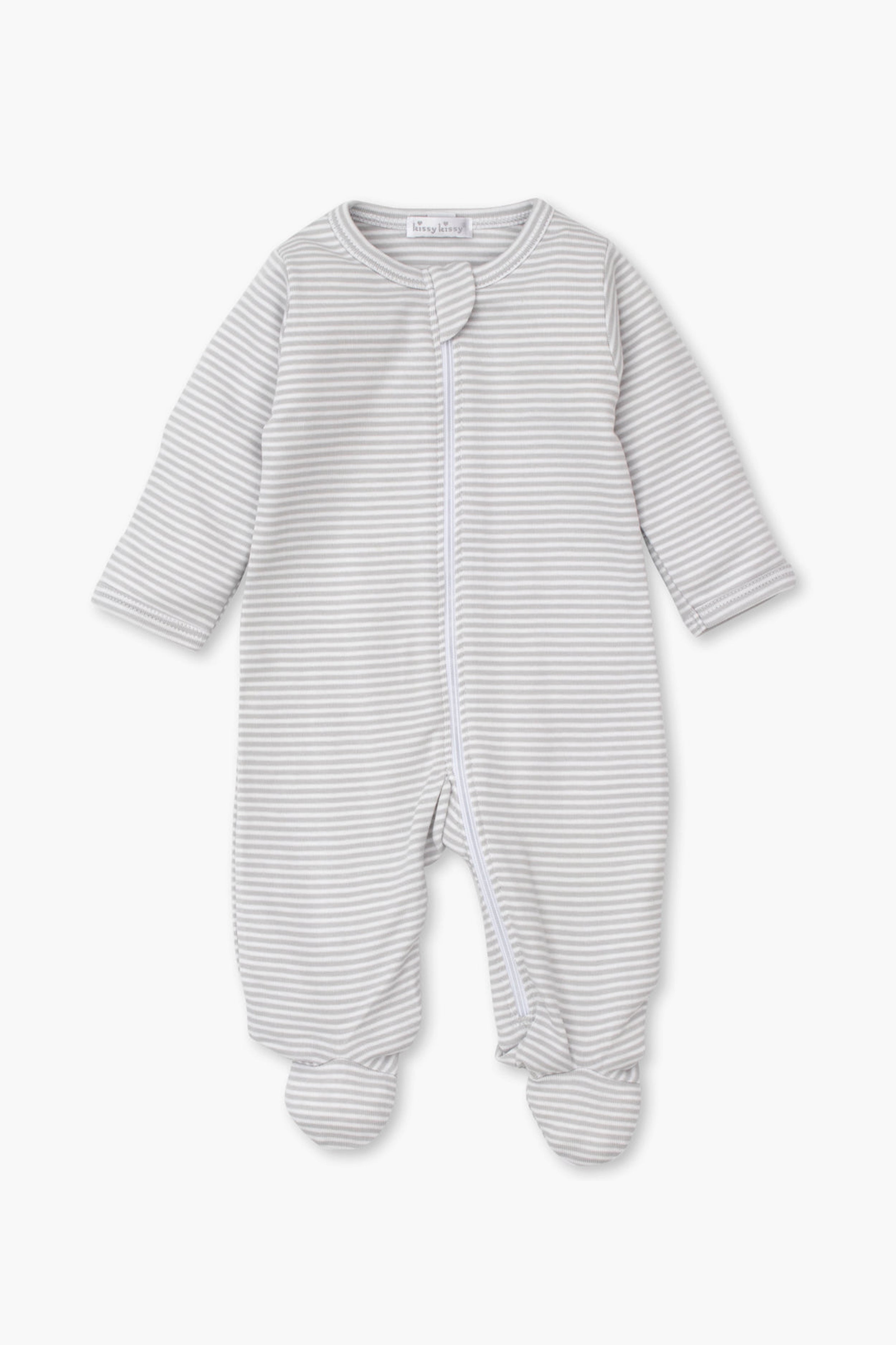 Kissy Kissy ultra soft baby pajamas: long-sleeve, footed onesie featuring thin gray and white stripes and a front zipper closure.