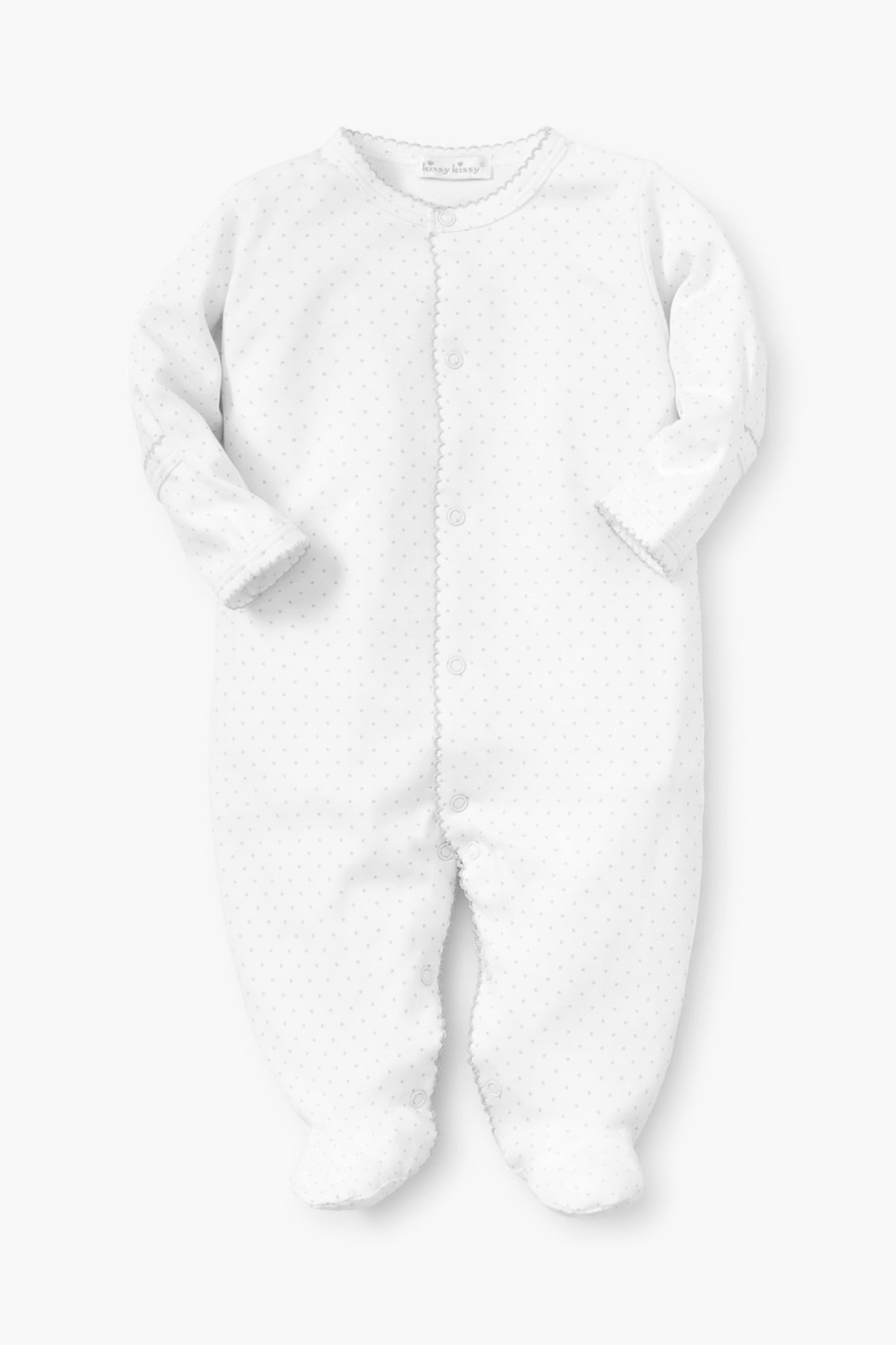 The kissy kissy white long-sleeve baby footie onesie features soft Pima cotton, a small dotted pattern, and front snap buttons—ideal for cozy, comfortable baby wear.