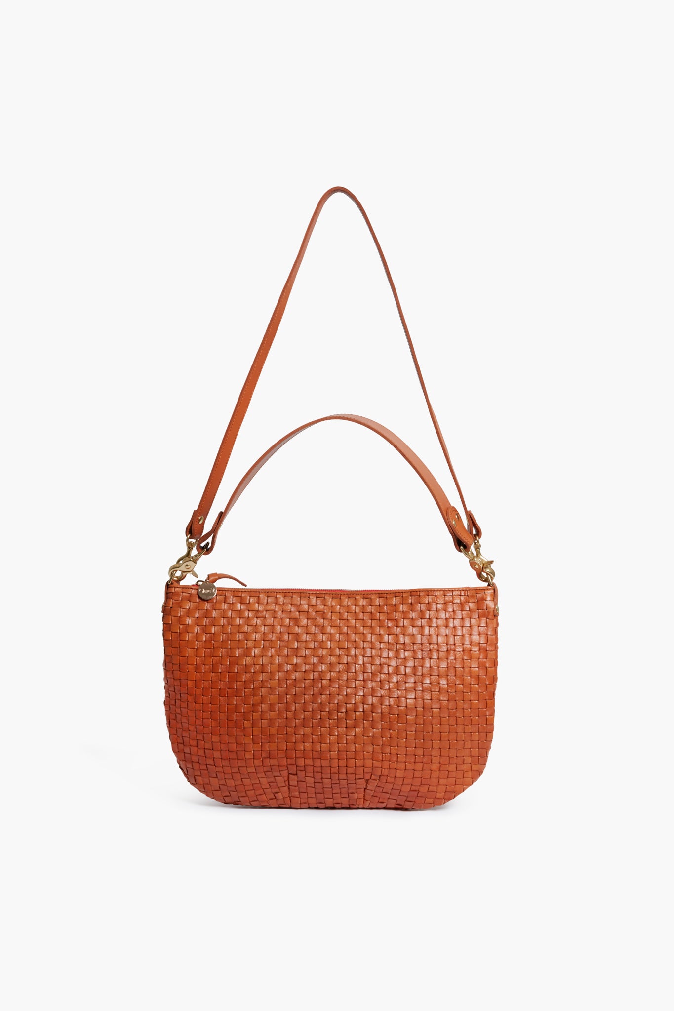 A chic brown woven leather bag from Clare V with dual straps, ideal for use as a fashionable crossbody.