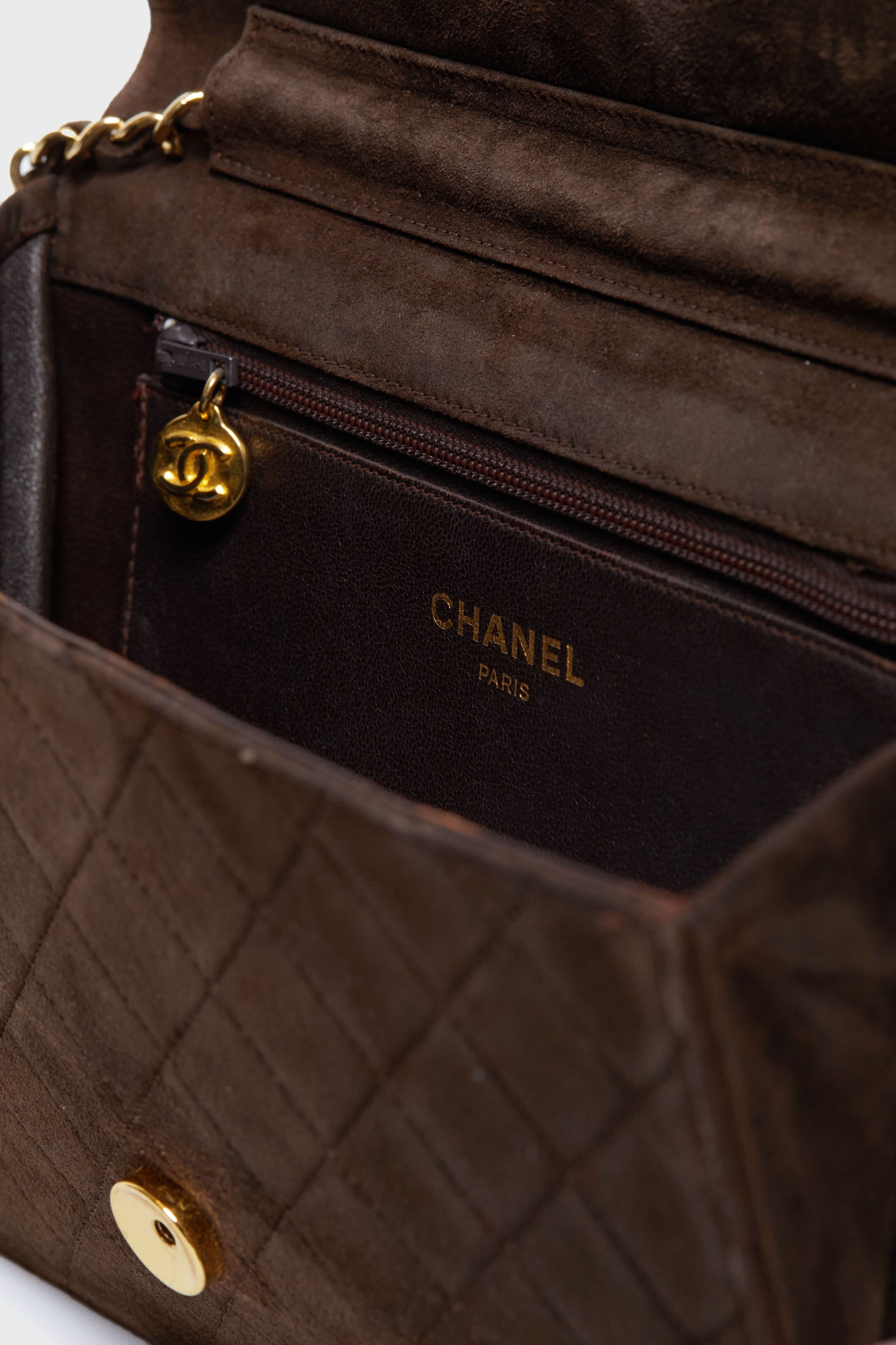 CHANEL Brown Suede Matelasse Single Flap Bag