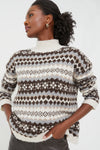A person wearing a Tuckernuck brown and grey Fair Isle sweater with geometric patterns stands with one hand in their pocket, gazing to the side.
