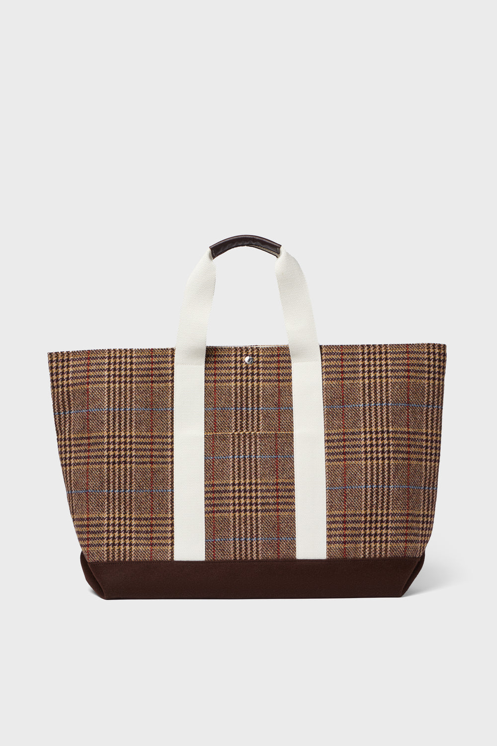 The Rue de Verneuil brown plaid wool tote features white handles and a dark brown base, making it a stylish weekender bag.
