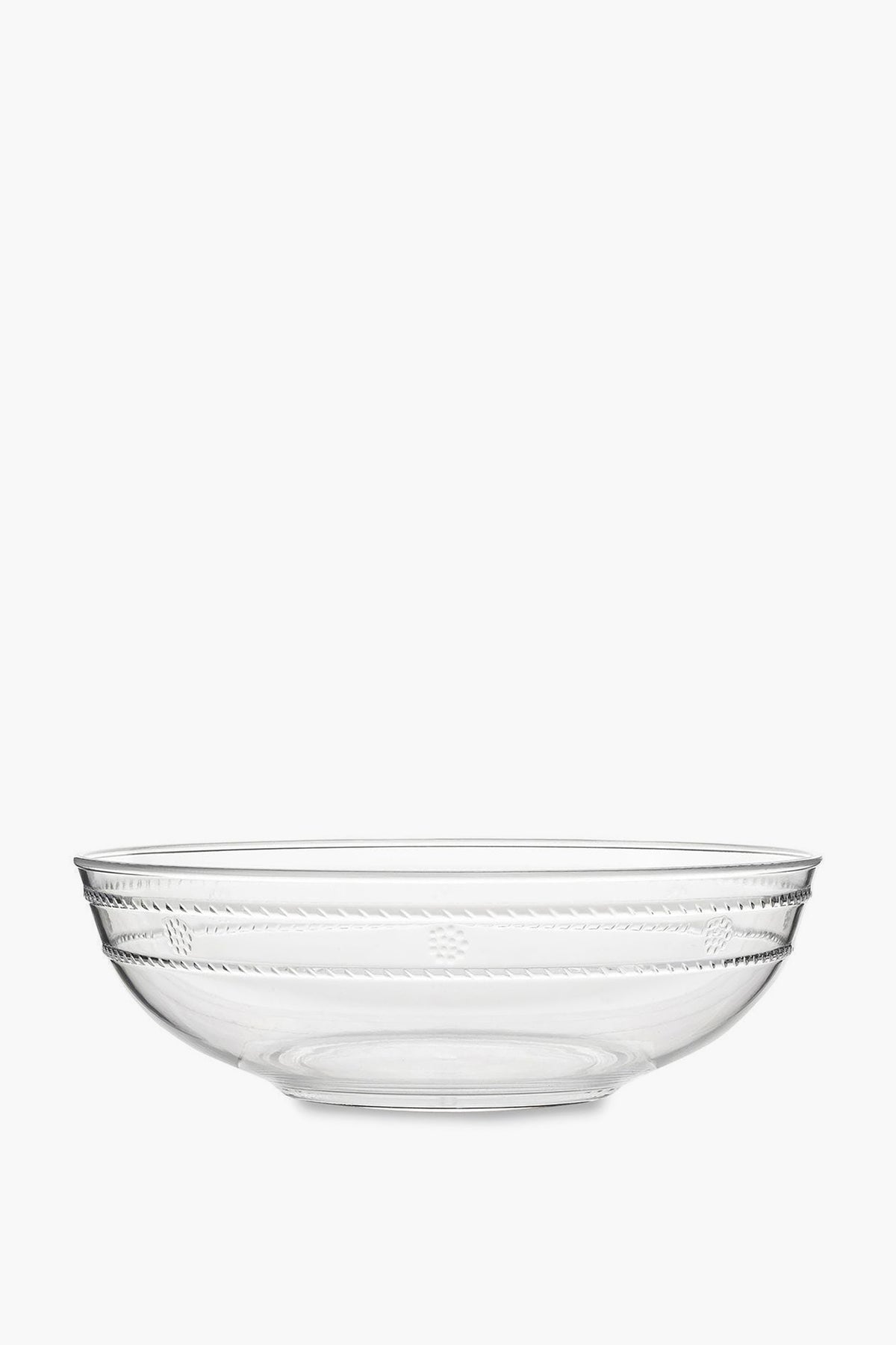 Clear glass serving bowl by Juliska, featuring a simple Isabella motif around the sides and inspired by their Al Fresco Serving Bowl design.