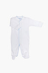 Nella Pima white baby onesie with long sleeves, footed legs, and light blue trim crafted from soft Peruvian Pima cotton—perfect luxury sleepwear for your little one.