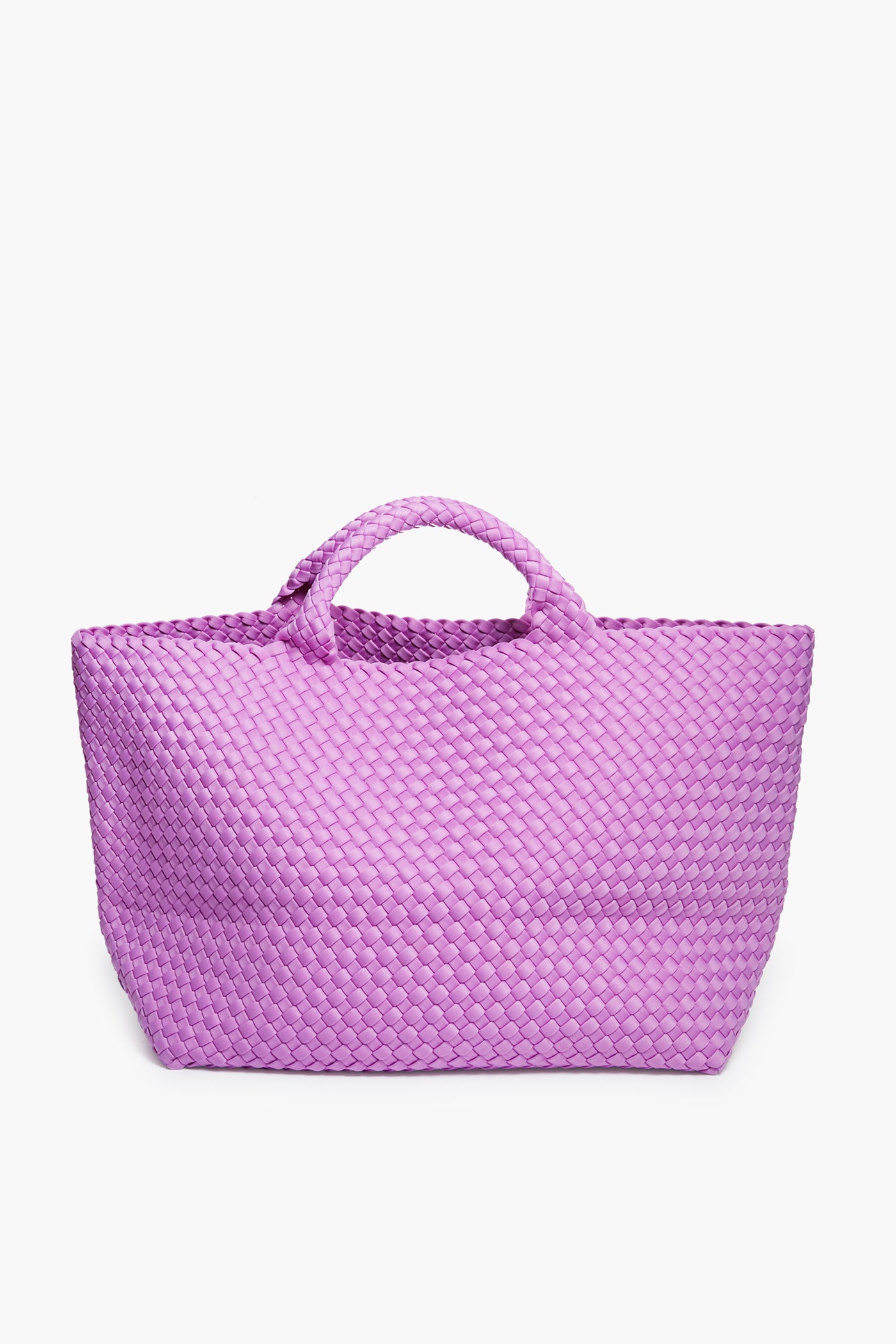 The Naghedi rectangular neoprene tote in light purple features two short handles and a spacious design, making it stylish and practical for carrying essentials.
