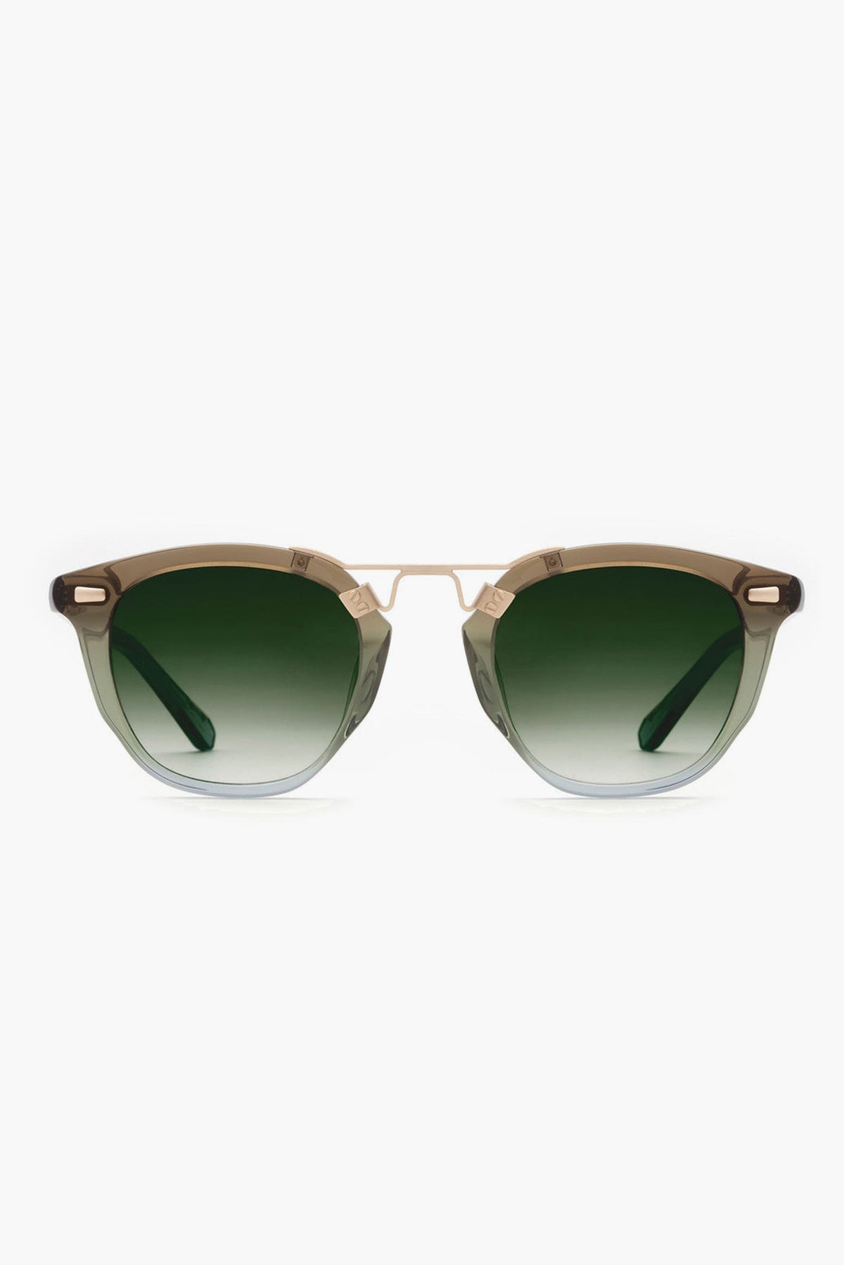 A pair of KREWE du optic Matcha Beau Sunglasses featuring gold metal handcrafted frames and green gradient lenses.