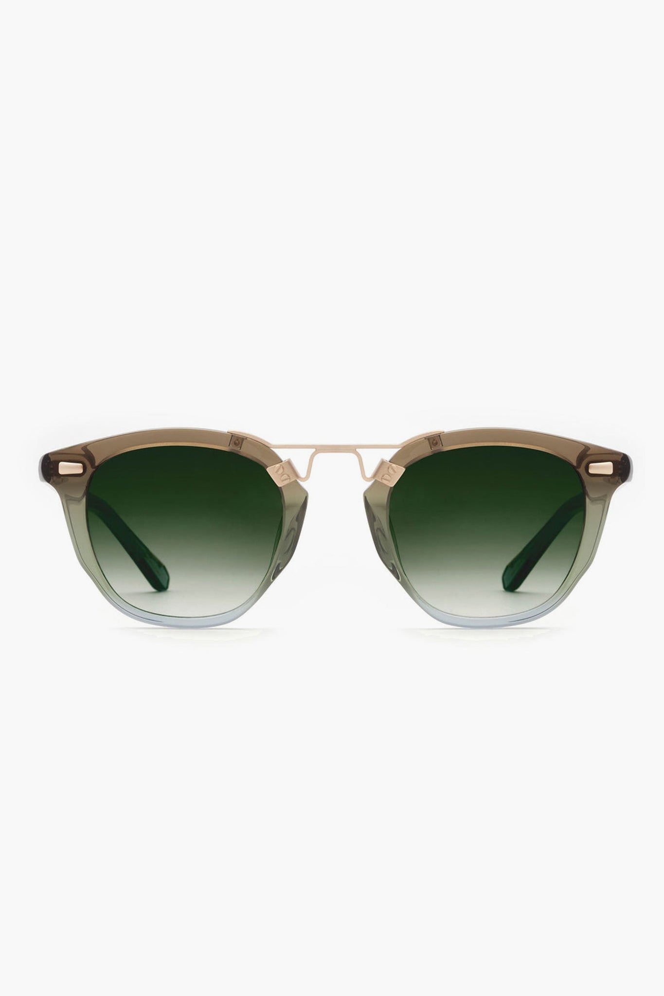 A pair of KREWE du optic Matcha Beau Sunglasses featuring gold metal handcrafted frames and green gradient lenses.