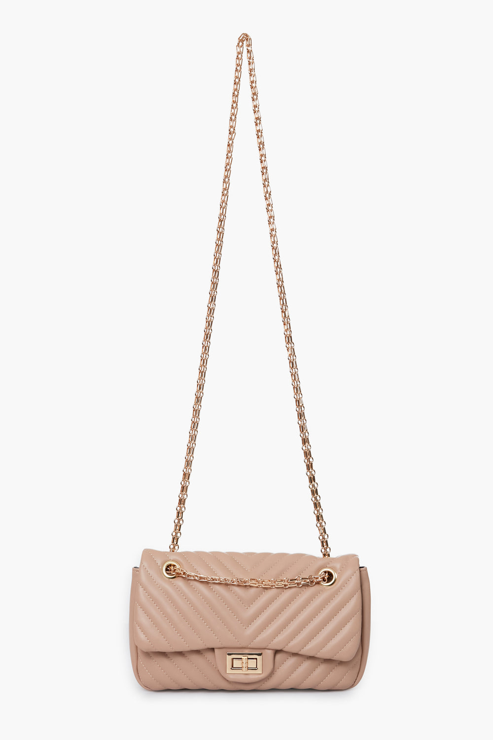 Urban Expressions beige quilted vegan handbag features a gold chain strap and a rectangular gold clasp on the front flap.