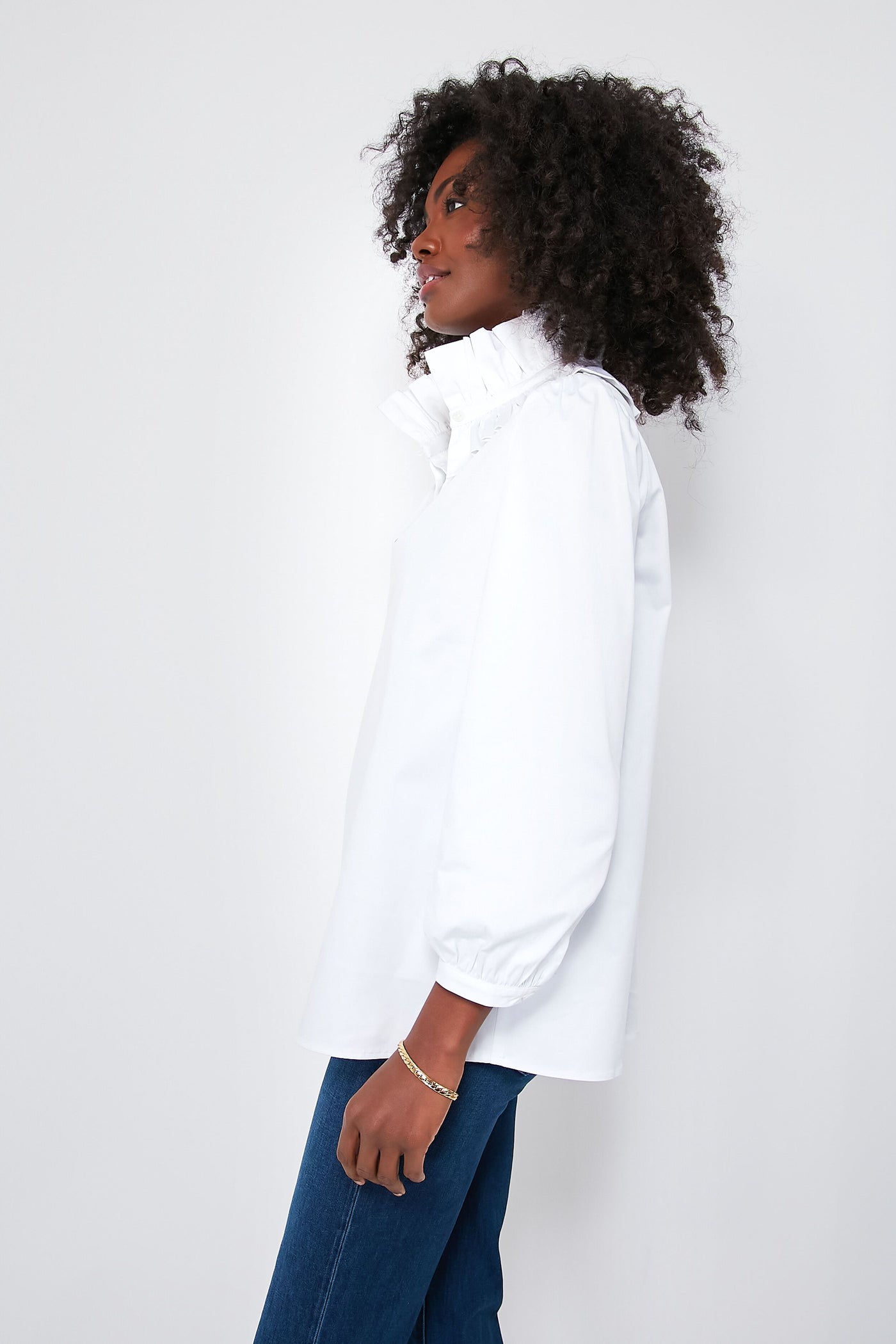 White Stretch Poplin Ruffle Neck Bouvier Blouse