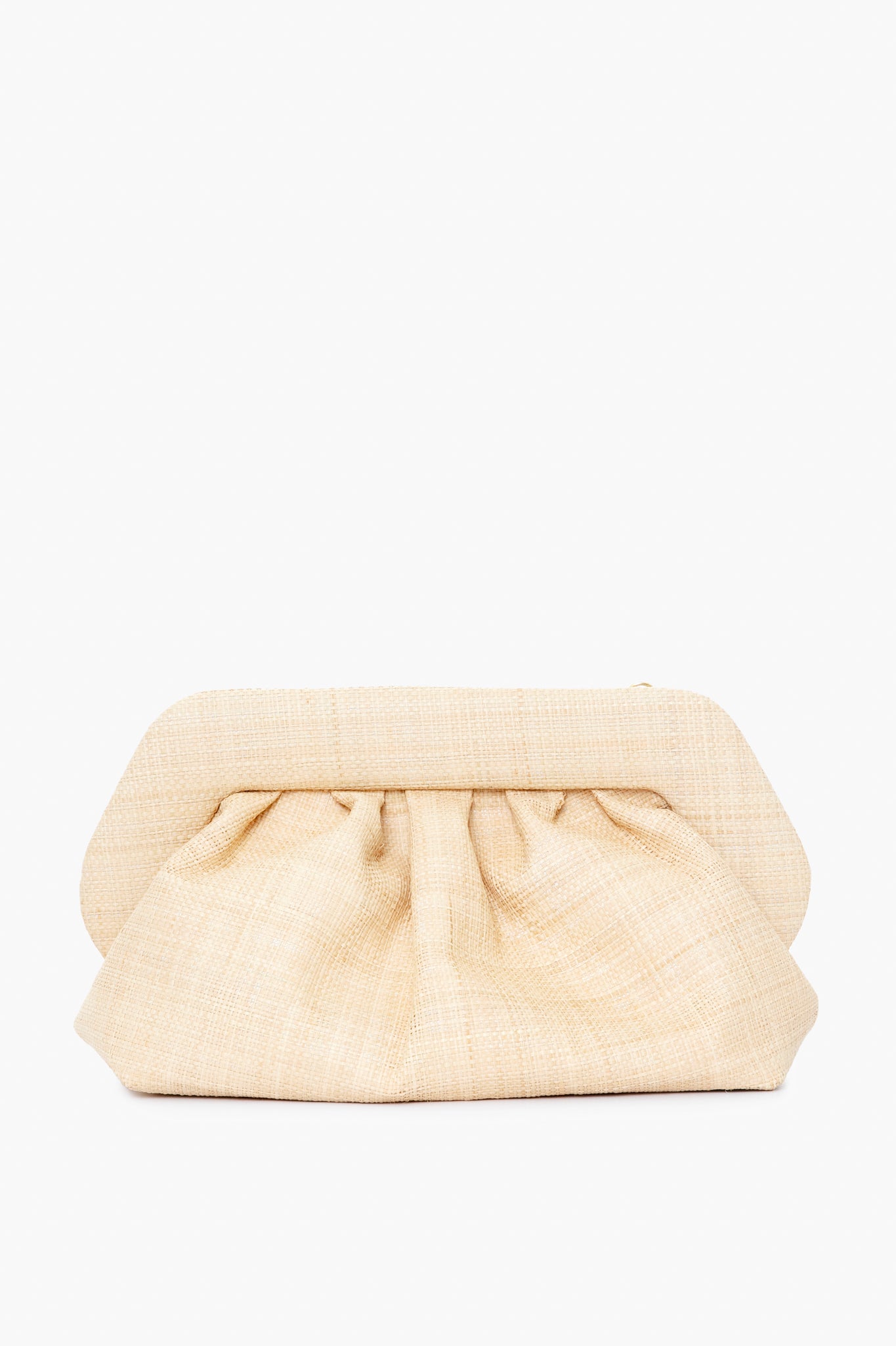 A beige, textured natural raffia clutch purse by Themoire features a structured frame, gathered fabric design, and is elegantly crafted in Italy.