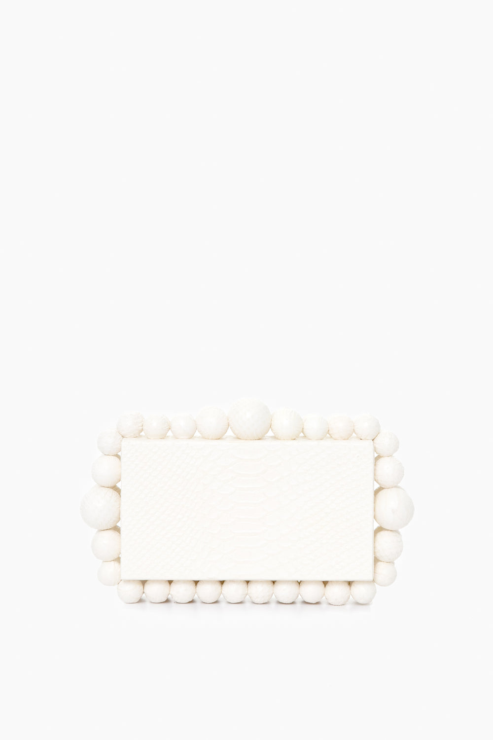 A white rectangular Cult Gaia box clutch with a textured, snakeskin-embossed leather surface and large round beads accenting the edges.