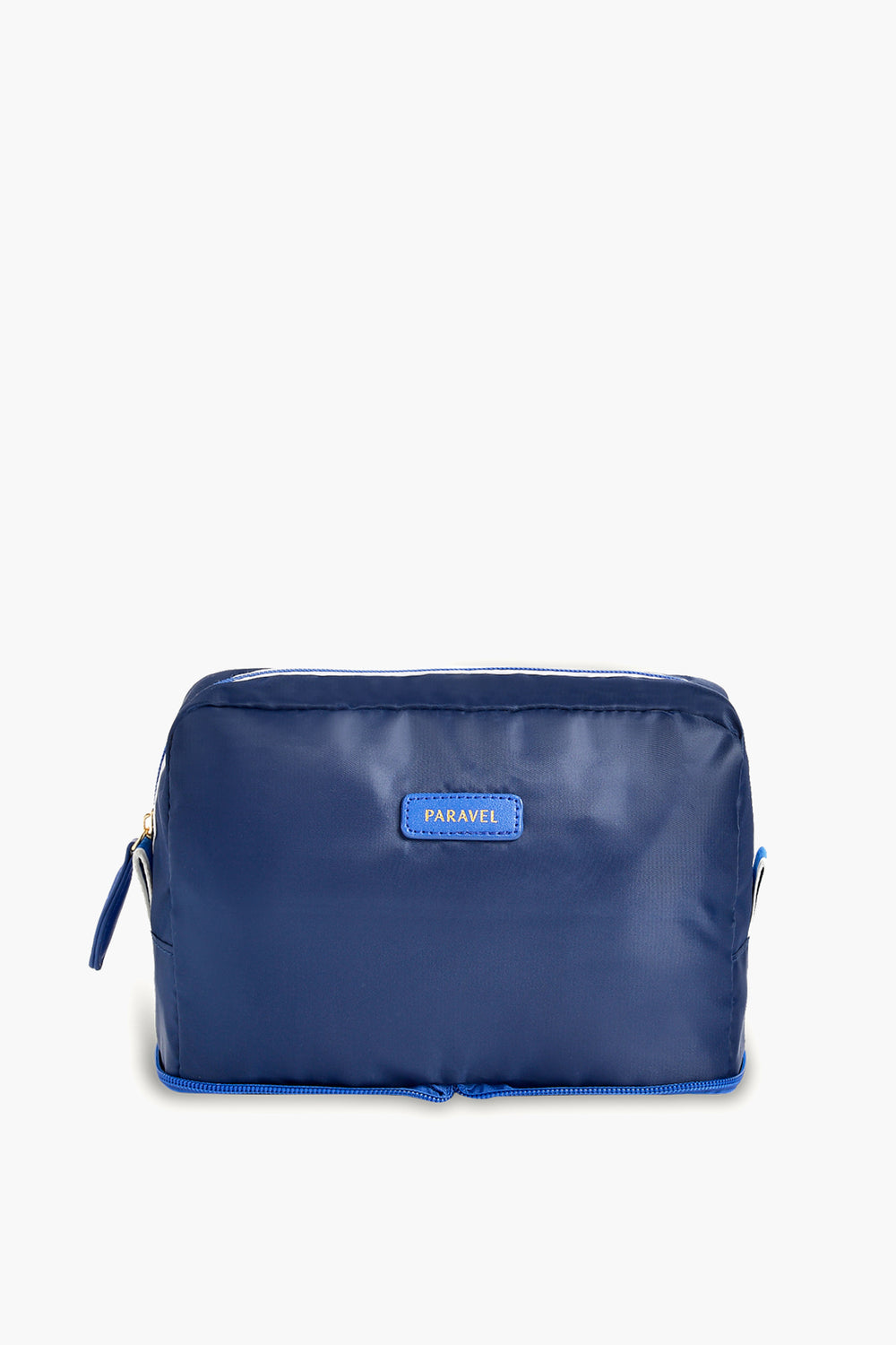 A blue rectangular zippered toiletry bag by Paravel, featuring a small front label—ideal for use as a travel organizer.