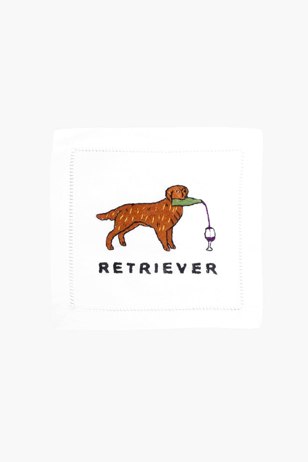 An August Morgan cloth cocktail napkin, embroidered with a brown retriever holding a bottle and green leaf, plus "RETRIEVER" text—perfect hostess gift.