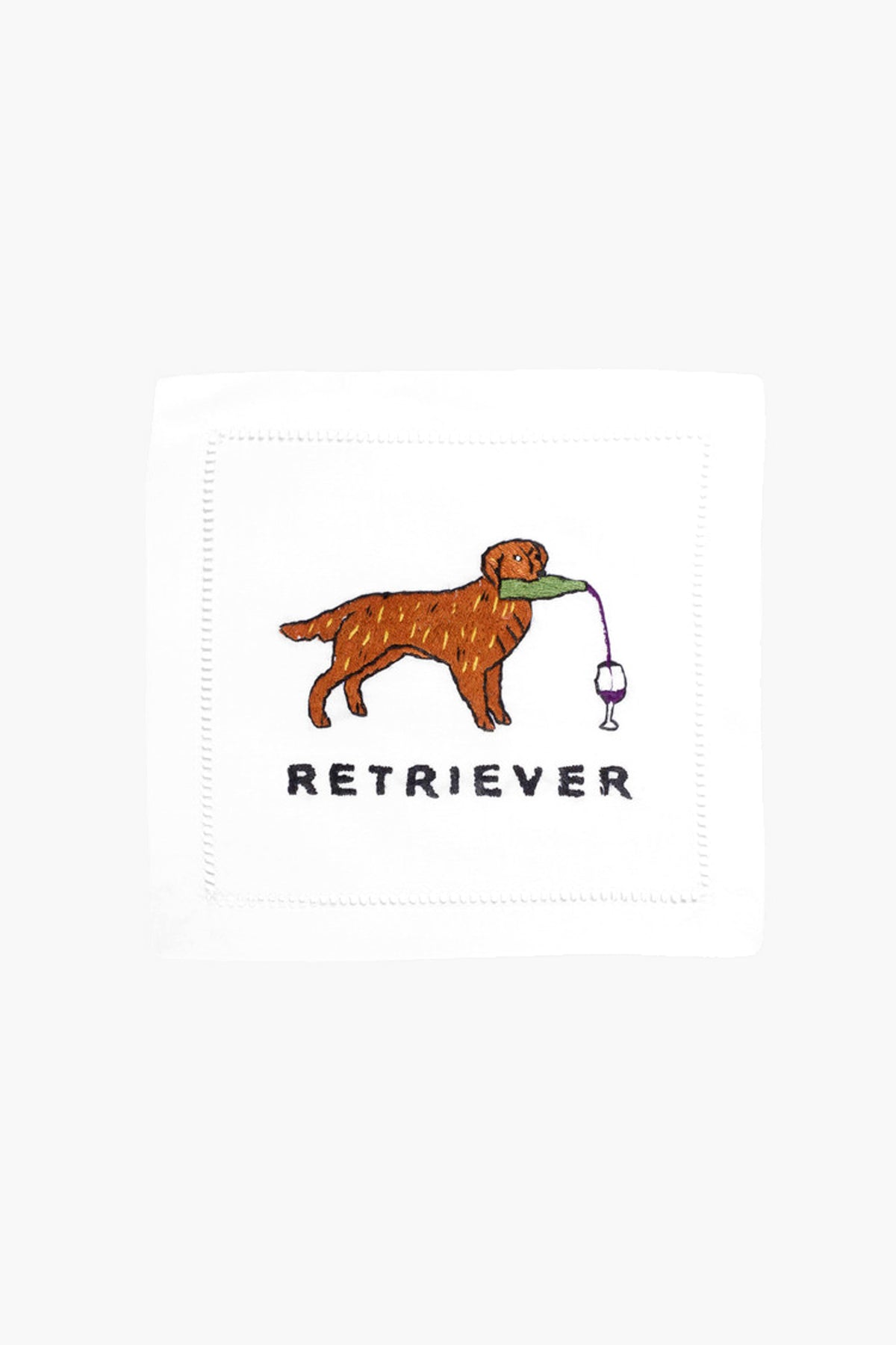 An August Morgan cloth cocktail napkin, embroidered with a brown retriever holding a bottle and green leaf, plus "RETRIEVER" text—perfect hostess gift.