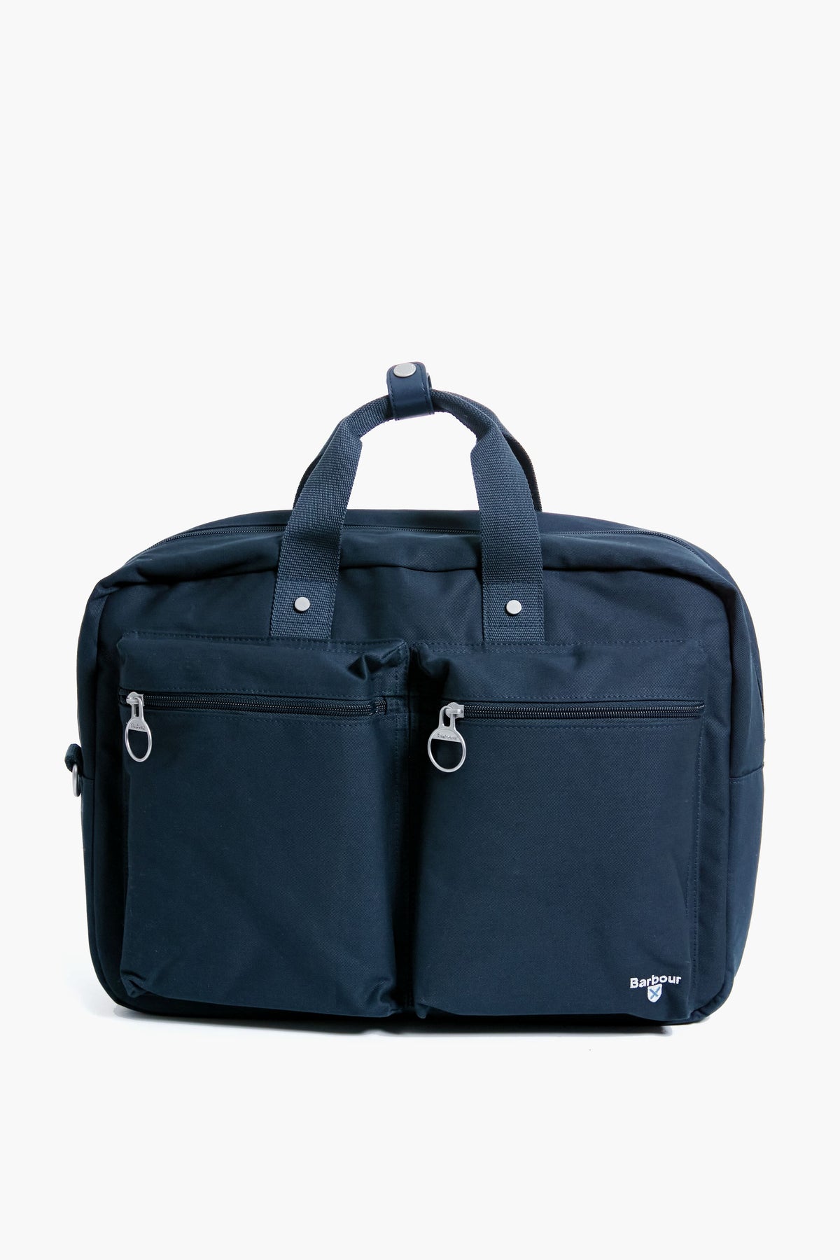 A navy blue Barbour laptop bag features dual front zip pockets, two snap-together handles, a discreet white logo on one pocket, and a padded laptop sleeve—making it an ideal accessory for work.