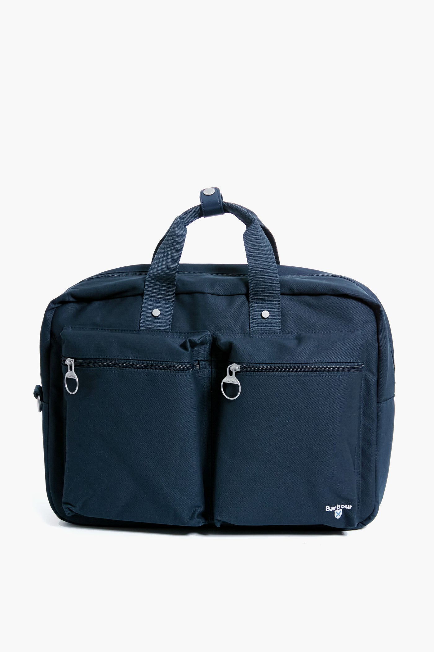 A navy blue Barbour laptop bag features dual front zip pockets, two snap-together handles, a discreet white logo on one pocket, and a padded laptop sleeve—making it an ideal accessory for work.