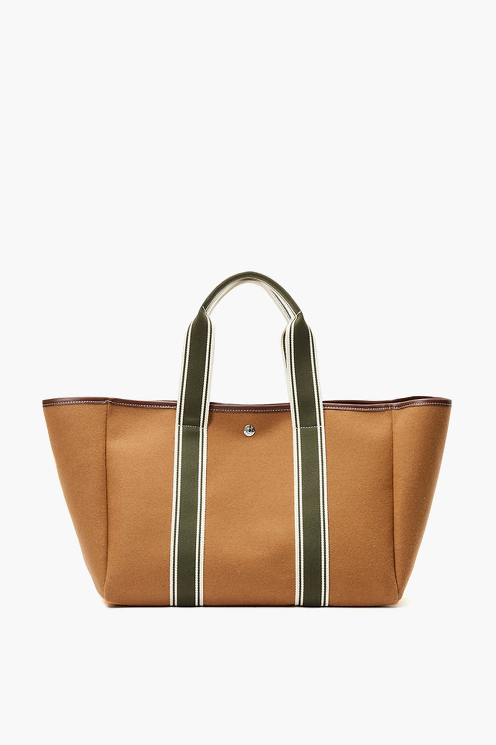 A brown canvas Rue de Verneuil tote bag featuring olive green and white striped handles for a touch of luxury.