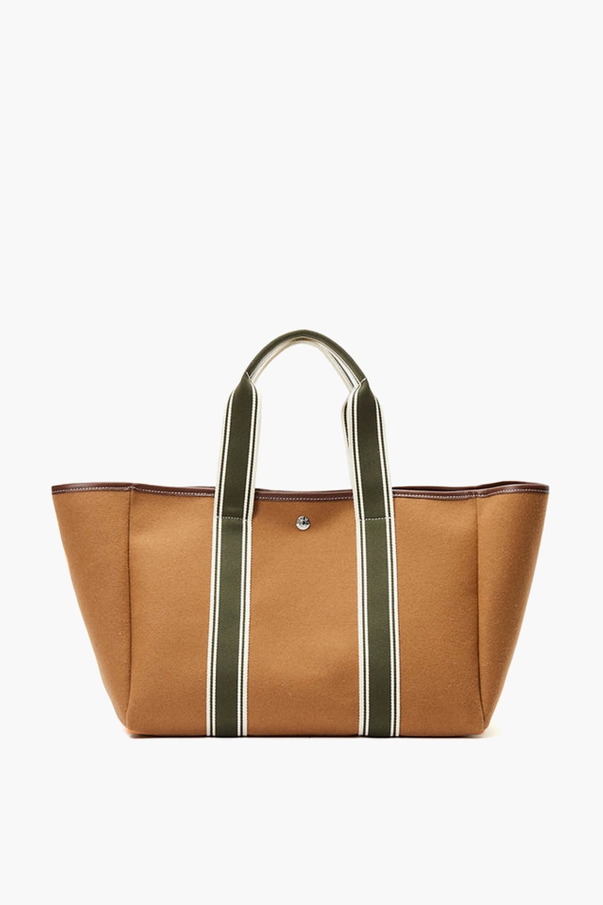A brown canvas Rue de Verneuil tote bag featuring olive green and white striped handles for a touch of luxury.