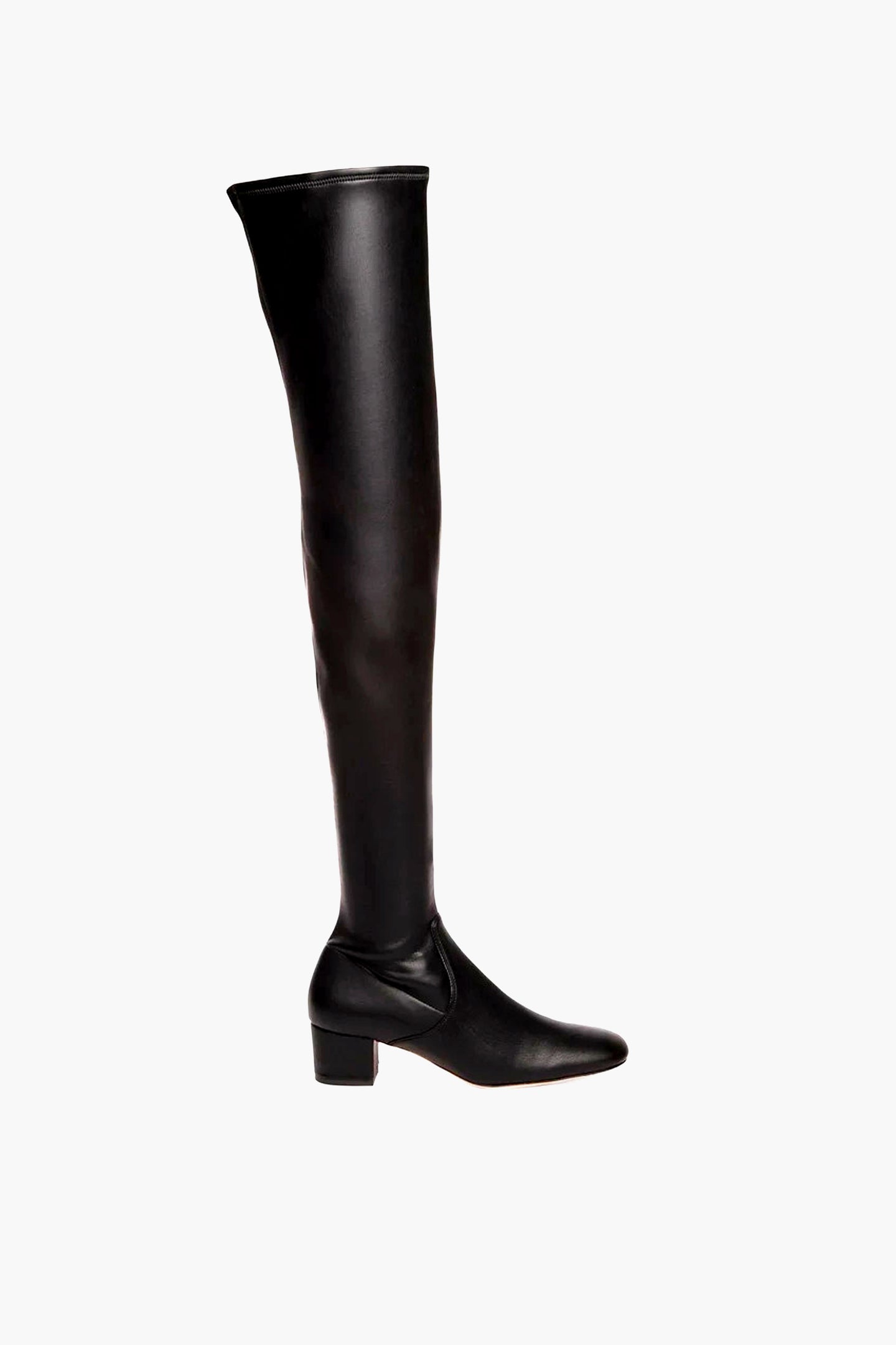 A single STAUD black over-the-knee vegan leather boot with a low block heel and rounded toe is displayed.