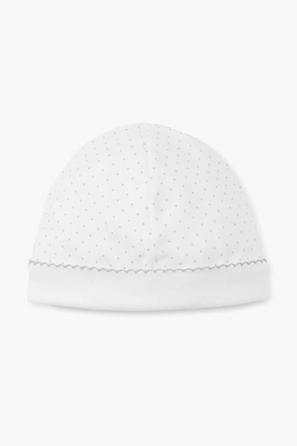 The kissy kissy white baby hat is crafted from soft Pima cotton, accented with small gray polka dots and a scalloped edge along the bottom.