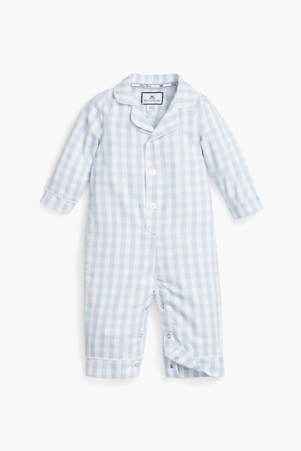The Petite Plume Blue Infant Gingham Romper, in light blue and white luxury cotton, features long sleeves and buttons down the front and legs.