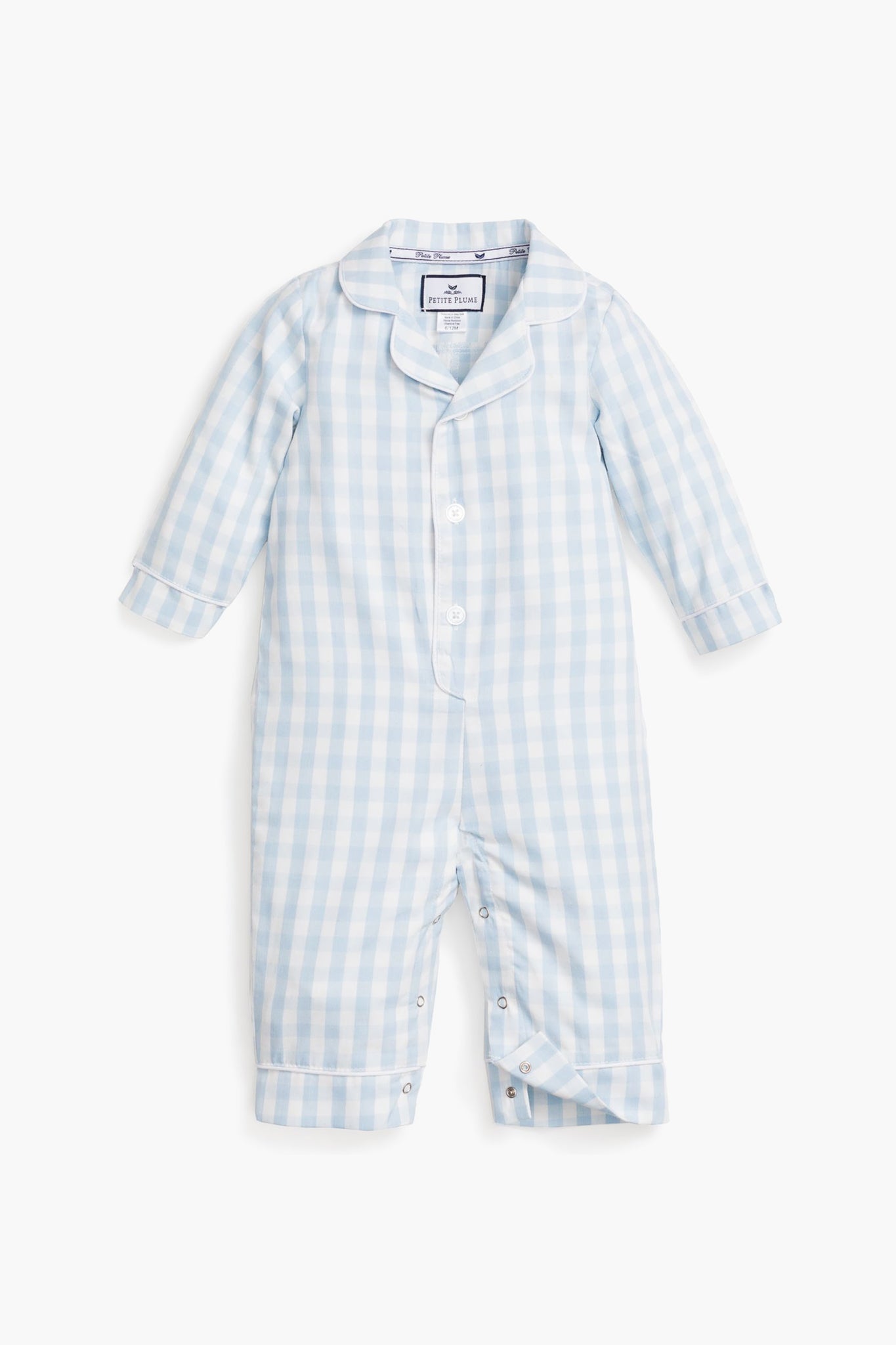 The Petite Plume Blue Infant Gingham Romper, in light blue and white luxury cotton, features long sleeves and buttons down the front and legs.