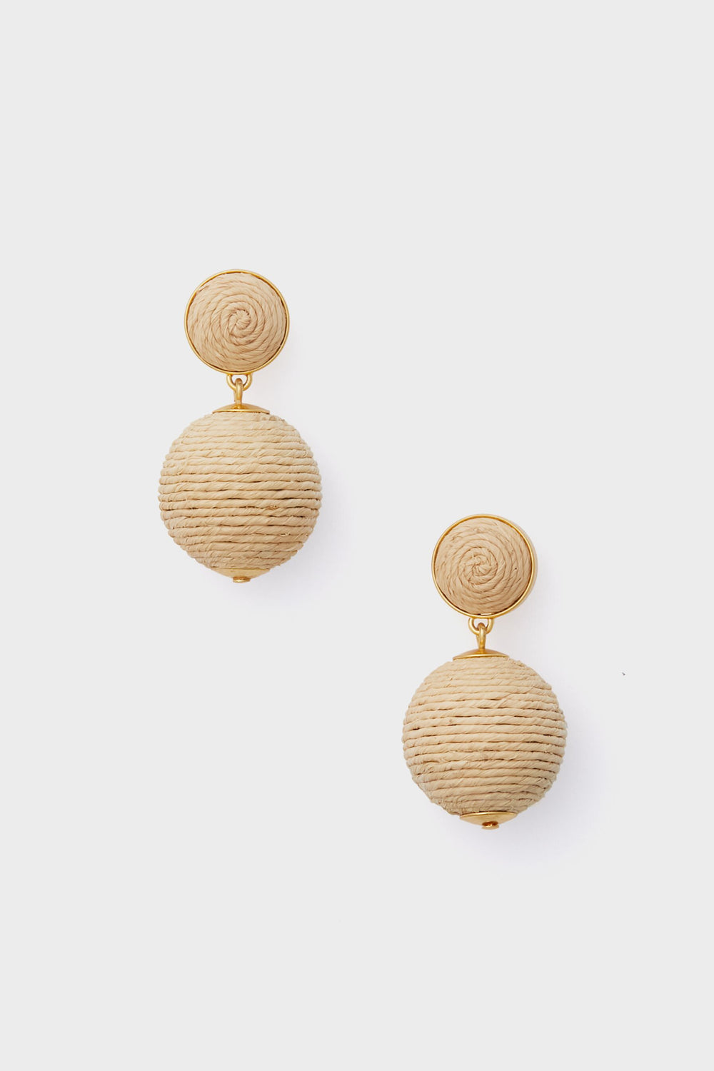 Petite Raffia Lantern Earrings by Tuckernuck Jewelry feature beige thread-wrapped spheres, matching smaller studs, and gold-tone metal accents.