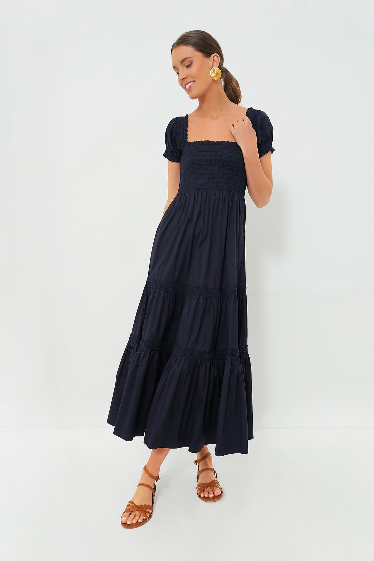 navy blue dress with brown sandals Medium Navy Smocked Cotton Dress