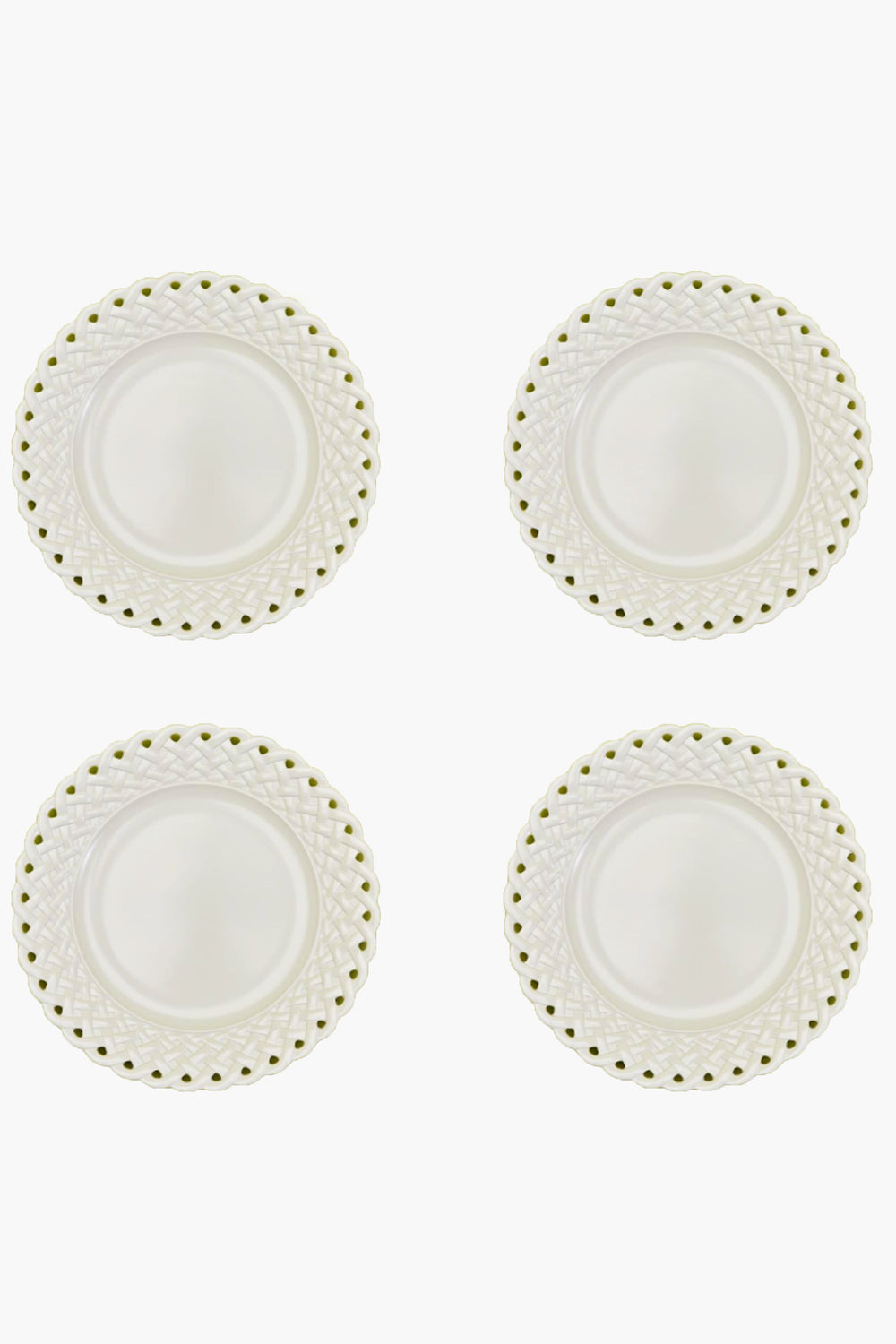 Four round, white melamine dinner plates by Two's Company feature decorative lattice-patterned rims. Shatter-resistant and practical, these plates are arranged in a two-by-two grid—perfect for stylish everyday use.