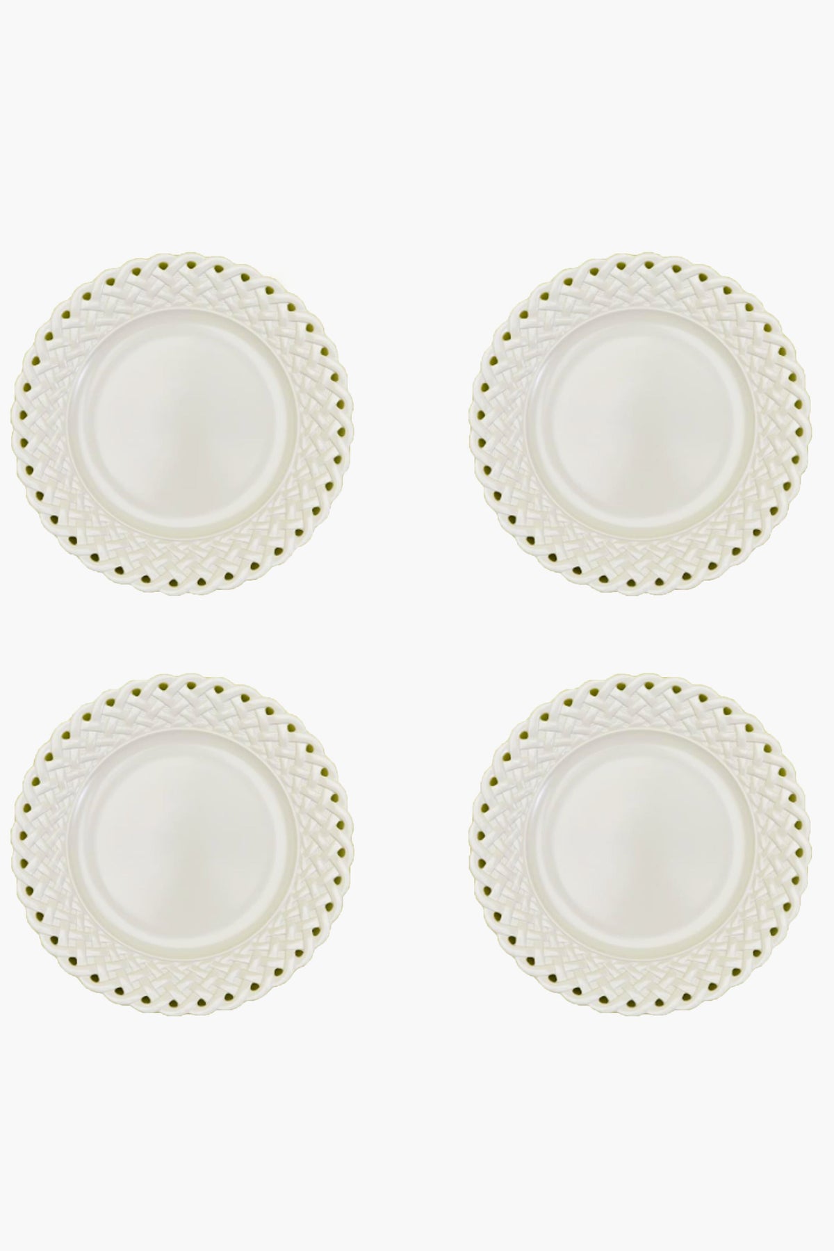 Four round, white melamine dinner plates by Two's Company feature decorative lattice-patterned rims. Shatter-resistant and practical, these plates are arranged in a two-by-two grid—perfect for stylish everyday use.