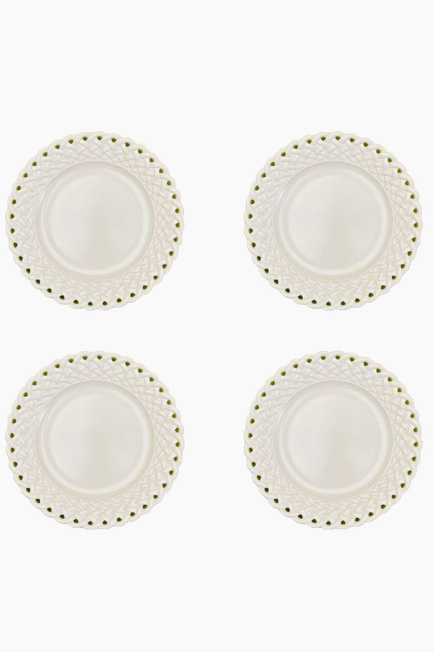 Four round, white melamine dinner plates by Two's Company feature decorative lattice-patterned rims. Shatter-resistant and practical, these plates are arranged in a two-by-two grid—perfect for stylish everyday use.