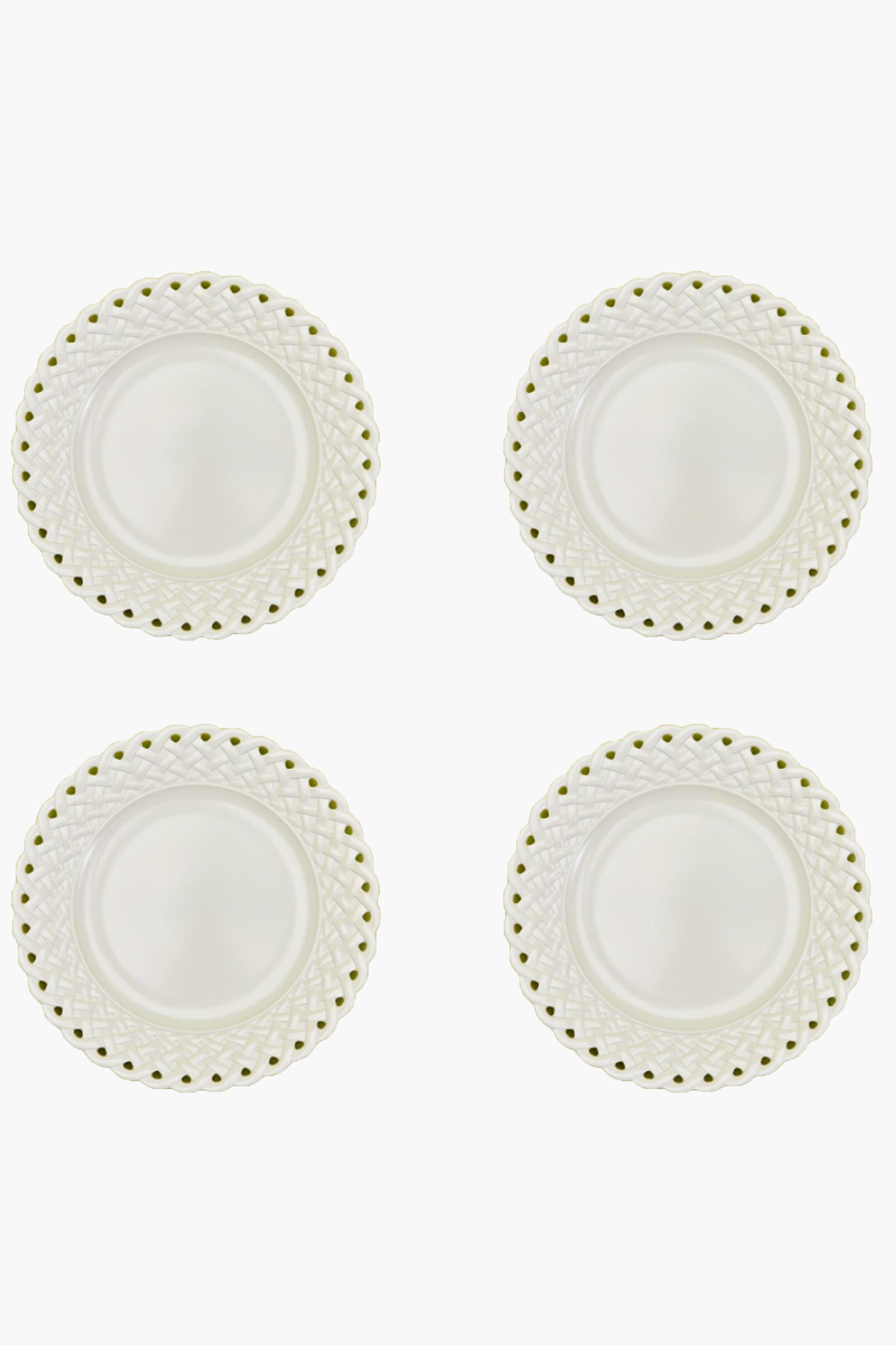 Four round, white melamine dinner plates by Two's Company feature decorative lattice-patterned rims. Shatter-resistant and practical, these plates are arranged in a two-by-two grid—perfect for stylish everyday use.