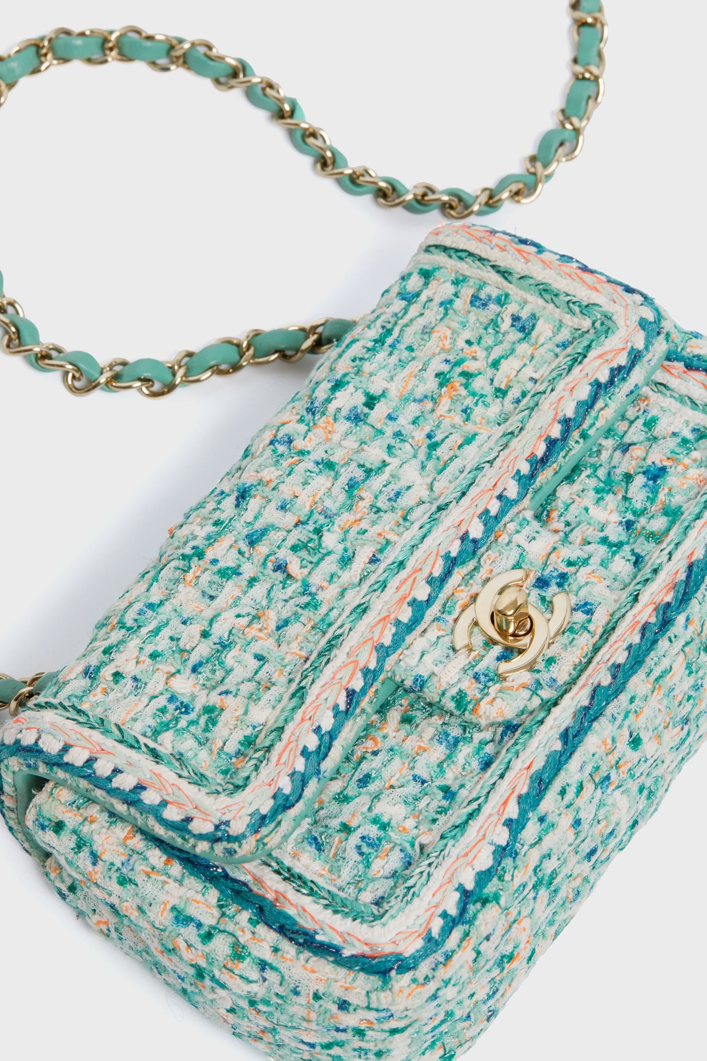 CHANEL Green Braided Tweed Flap Bag