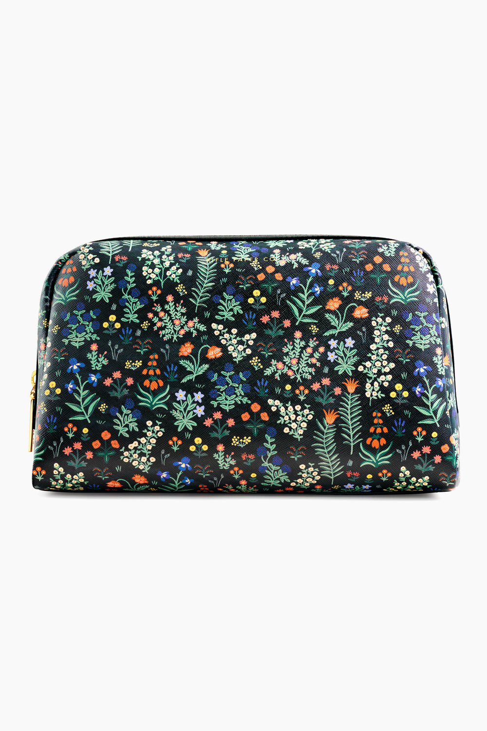 Rifle Paper Co. rectangular toiletry bag adorned with a vibrant floral pattern featuring assorted small flowers and lush green foliage.