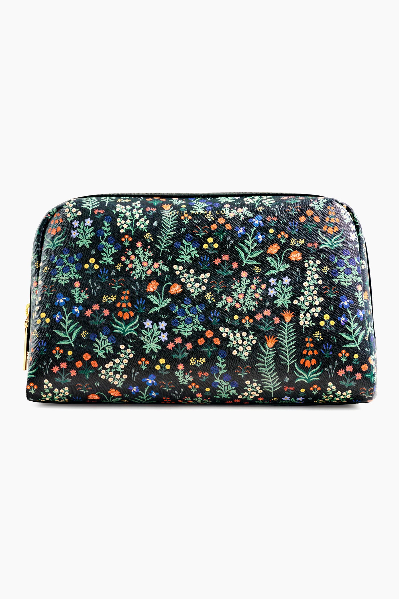 Rifle Paper Co. rectangular toiletry bag adorned with a vibrant floral pattern featuring assorted small flowers and lush green foliage.